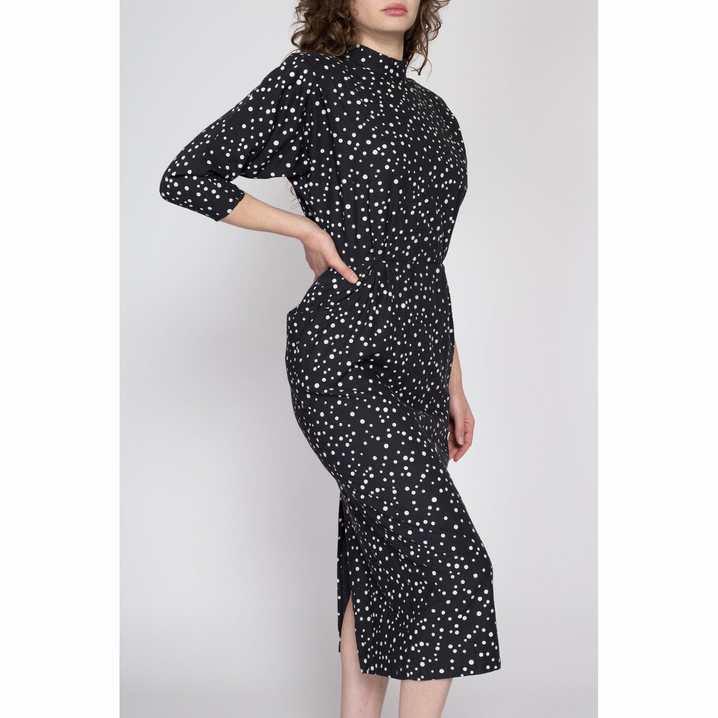 Medium 80s Black & White Polka Dot Midi Dress | Vintage Dolman Sleeve Shoulder Pad Shelf Pocket Dress