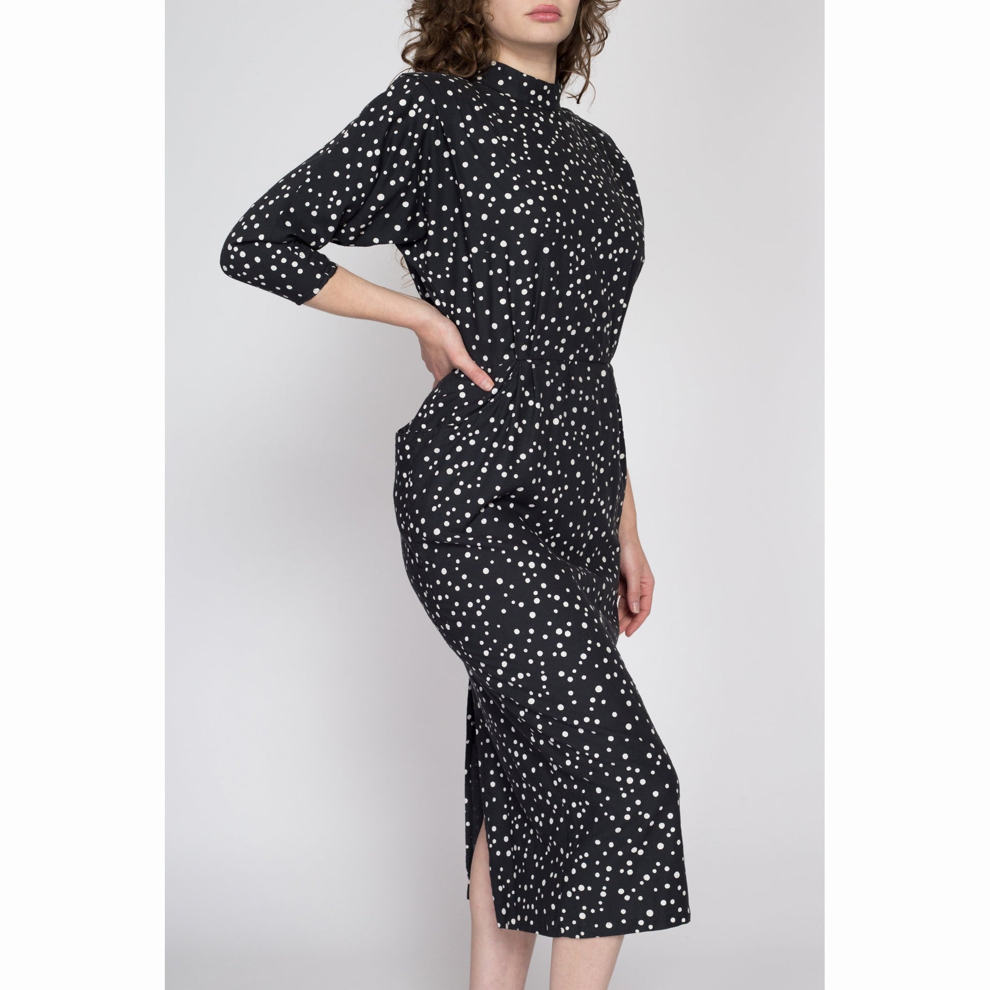 Medium 80s Black & White Polka Dot Midi Dress | Vintage Dolman Sleeve Shoulder Pad Shelf Pocket Dress
