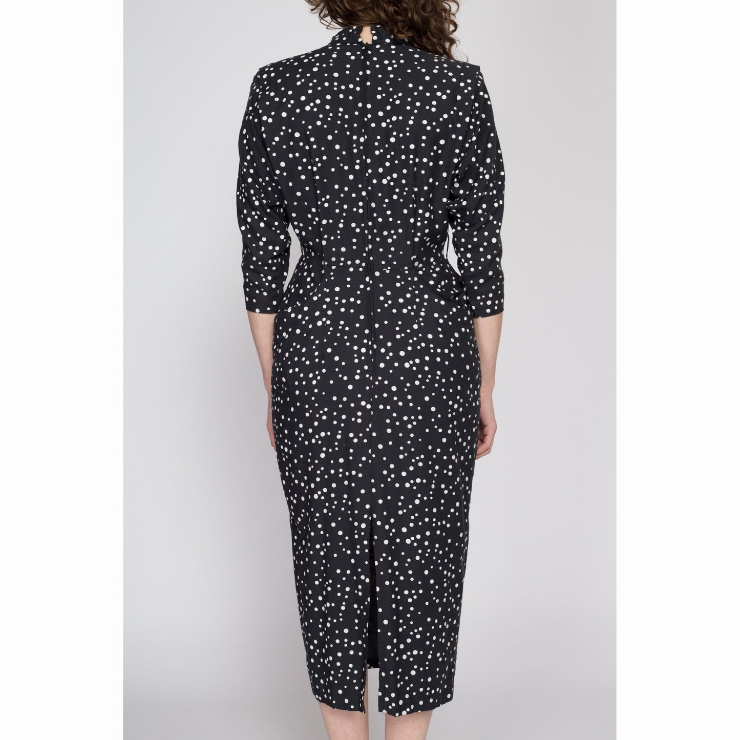 Medium 80s Black & White Polka Dot Midi Dress | Vintage Dolman Sleeve Shoulder Pad Shelf Pocket Dress