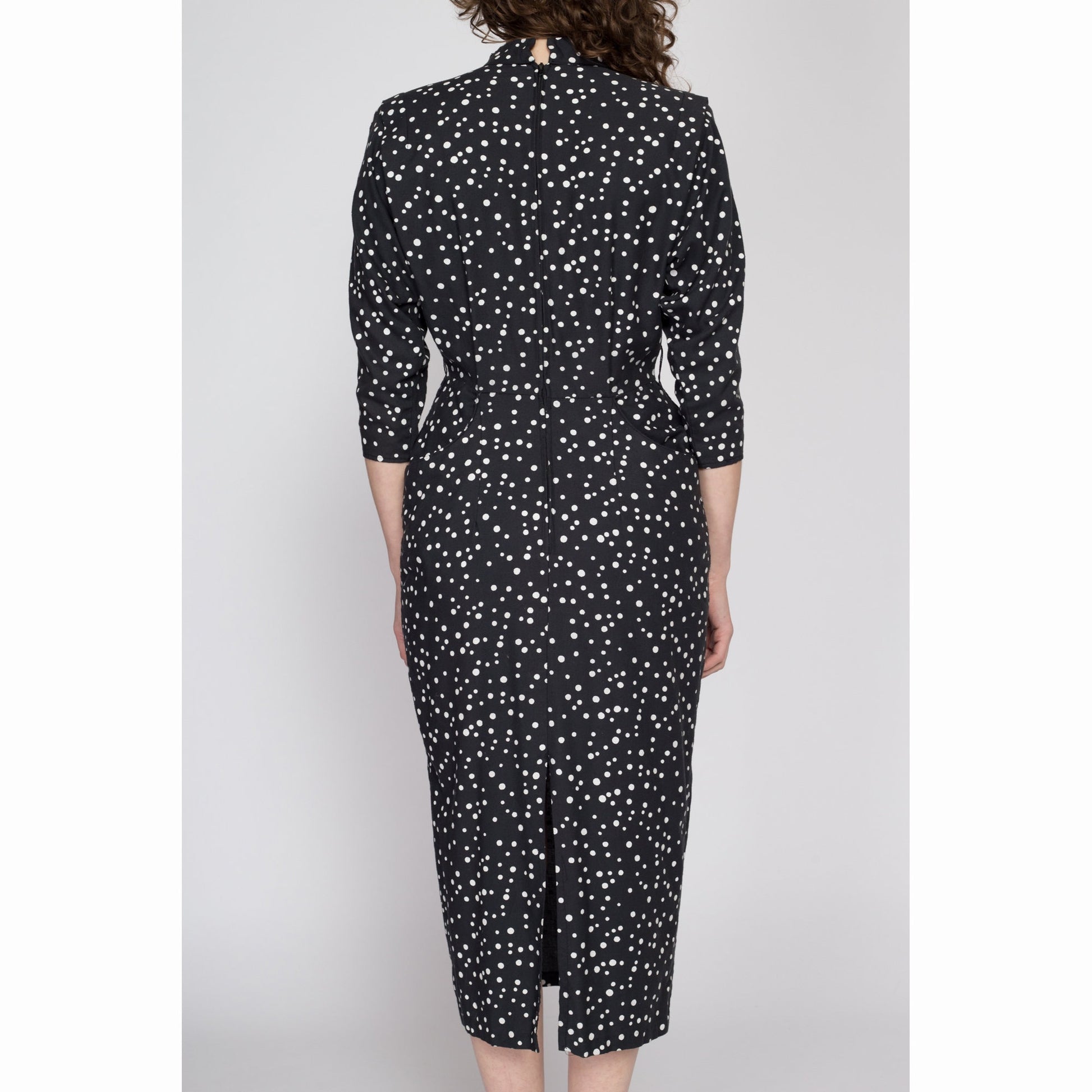 Medium 80s Black & White Polka Dot Midi Dress | Vintage Dolman Sleeve Shoulder Pad Shelf Pocket Dress