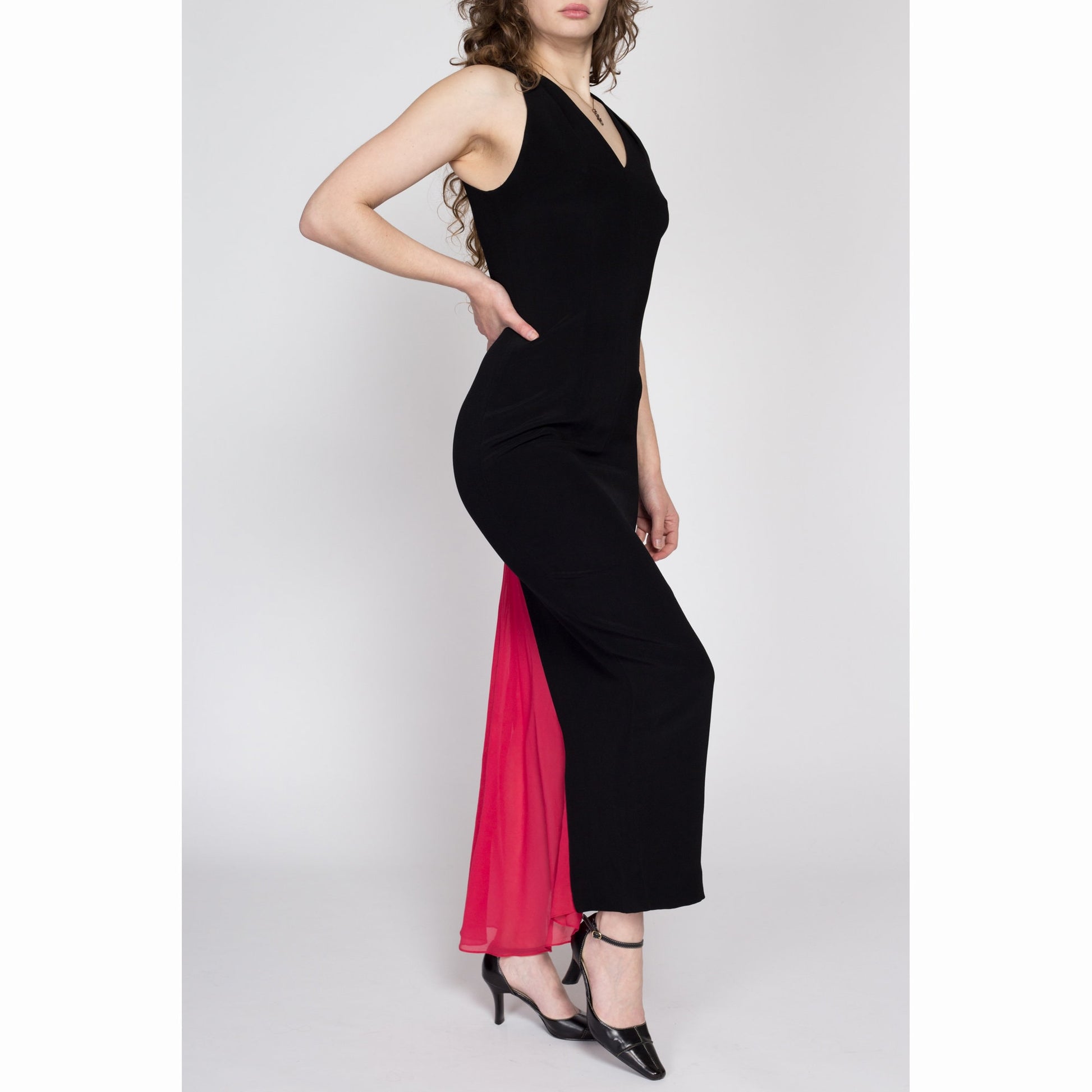 Medium 80s Nicole Miller Peekaboo Train Maxi Dress | Vintage Black Red Fitted Sleeveless Cocktail Party Evening Gown