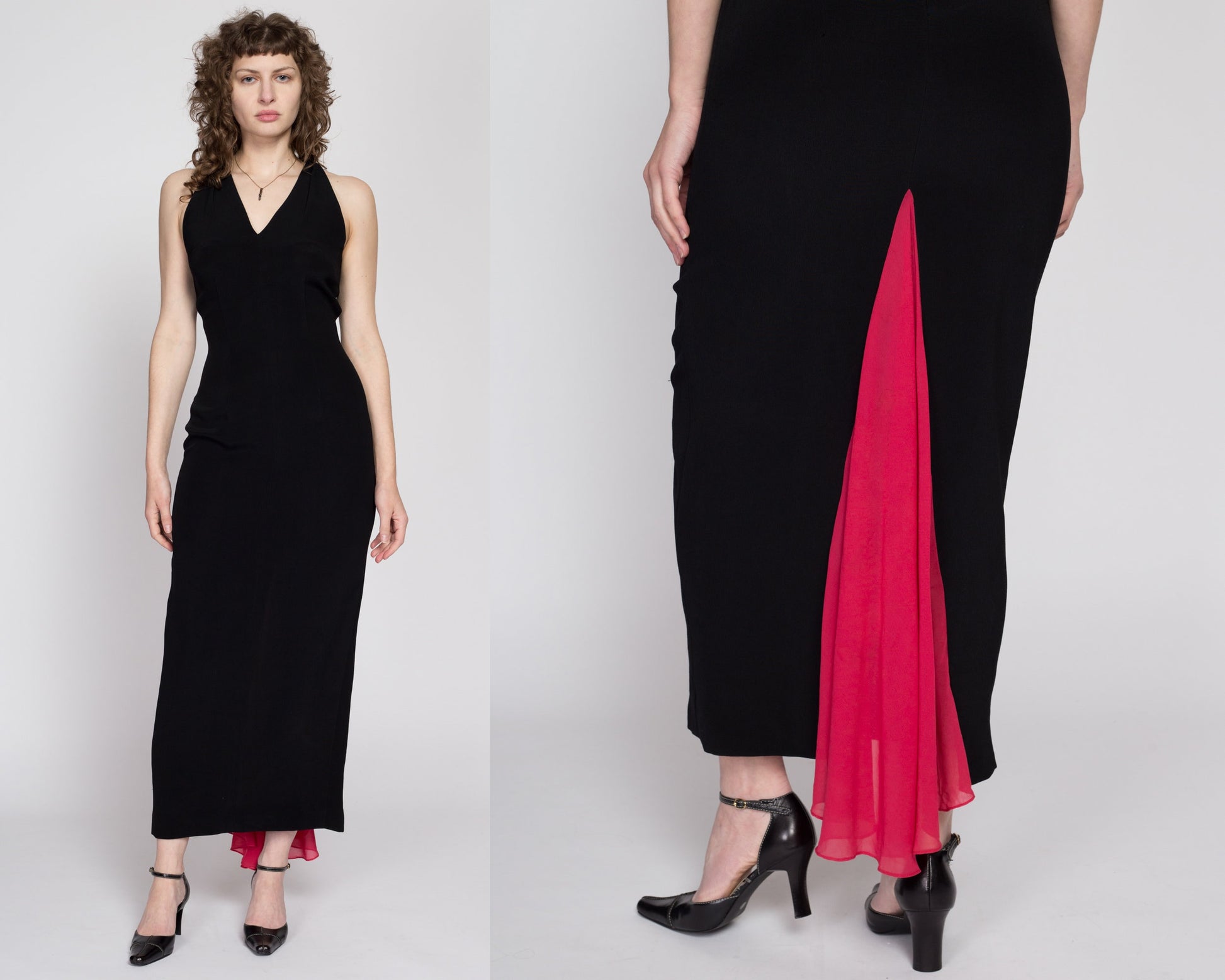 Medium 80s Nicole Miller Peekaboo Train Maxi Dress | Vintage Black Red Fitted Sleeveless Cocktail Party Evening Gown