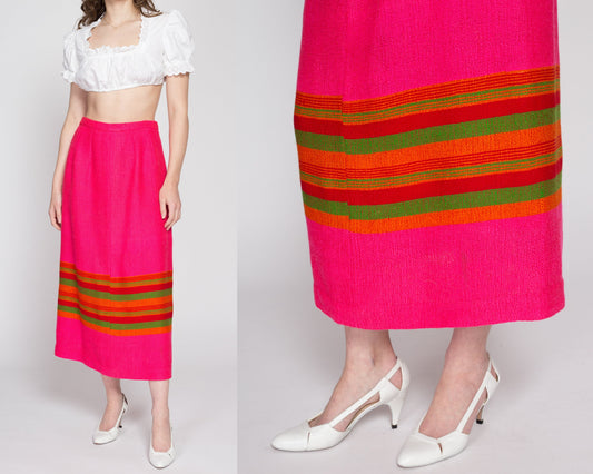 Medium 60s 70s Pink Striped Maxi Skirt 30" | Vintage Woven A Line Long Boho Hostess Skirt
