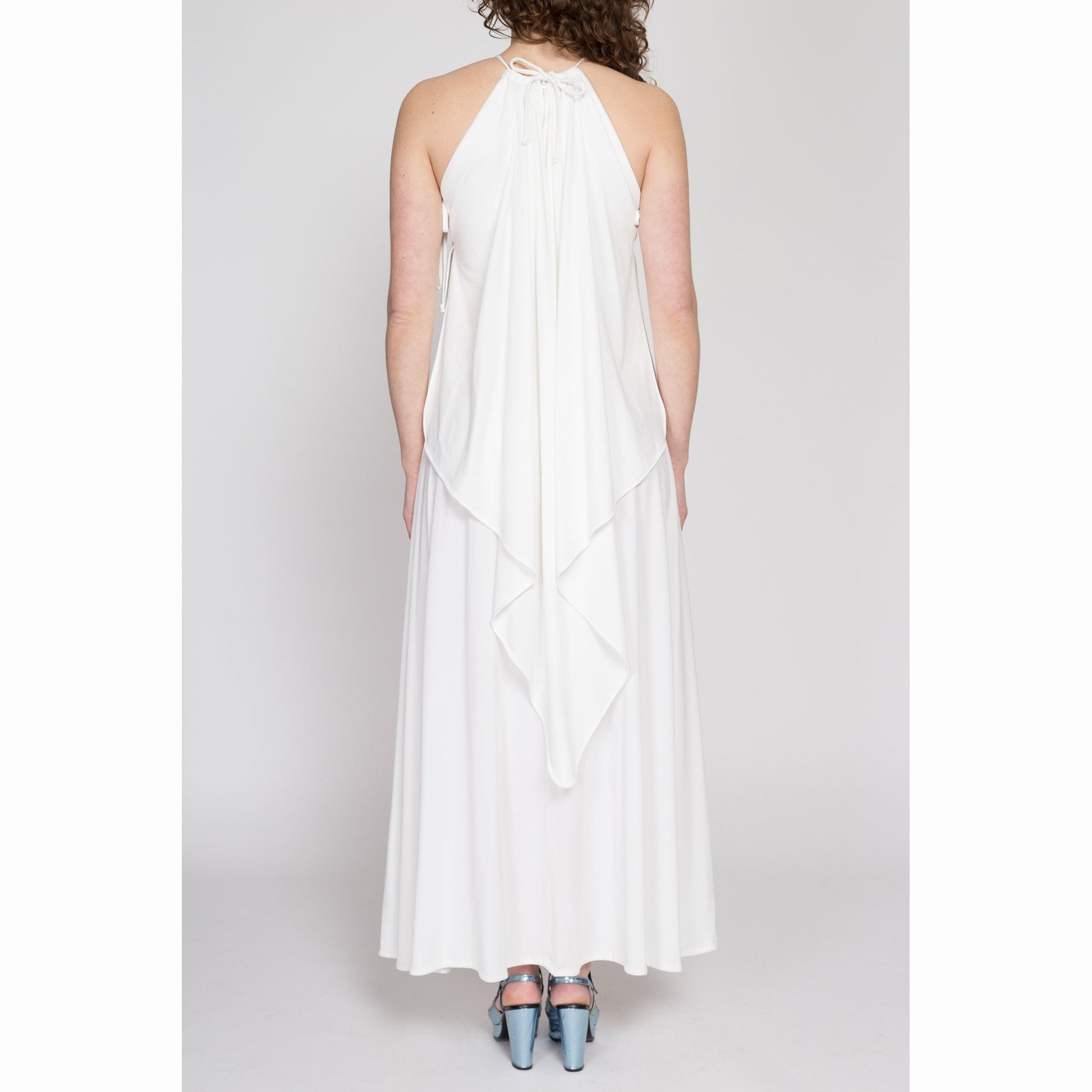 Small 70s White Grecian Gown | Vintage Sleeveless Draped Maxi Tent Dress