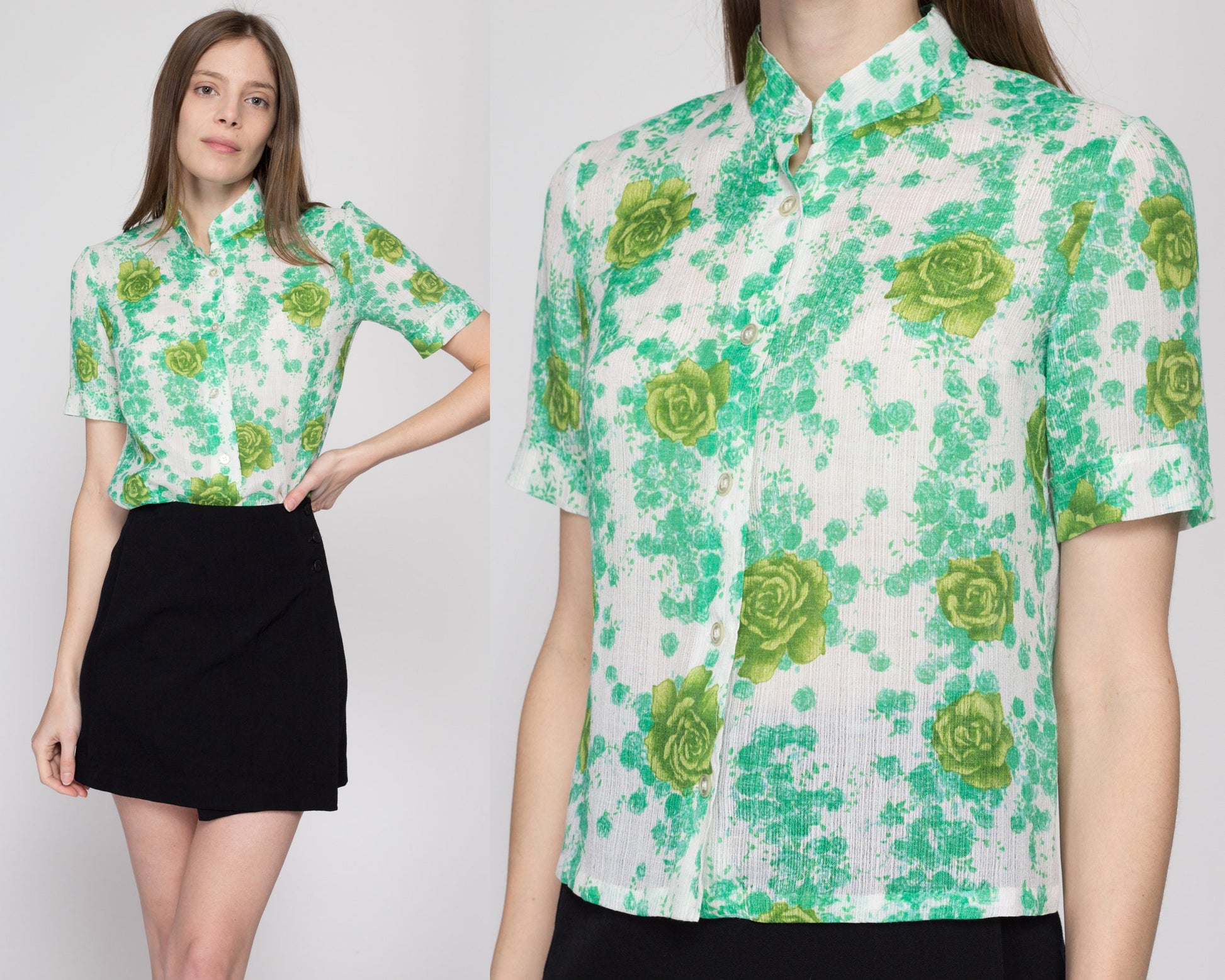 Small 70s Green Floral Button Up Nehru Collar Blouse | Boho Vintage Sheer Short Sleeve Collared Cropped Shirt