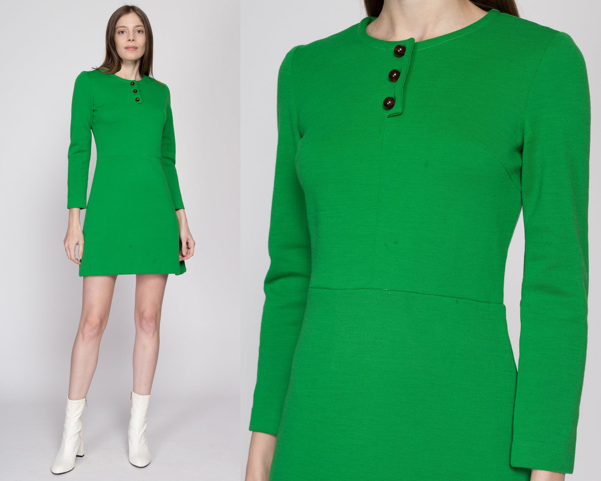 Small 60s Kelly Green Wool Mini Dress, As Is | Vintage Long Sleeve Retro A Line Dress