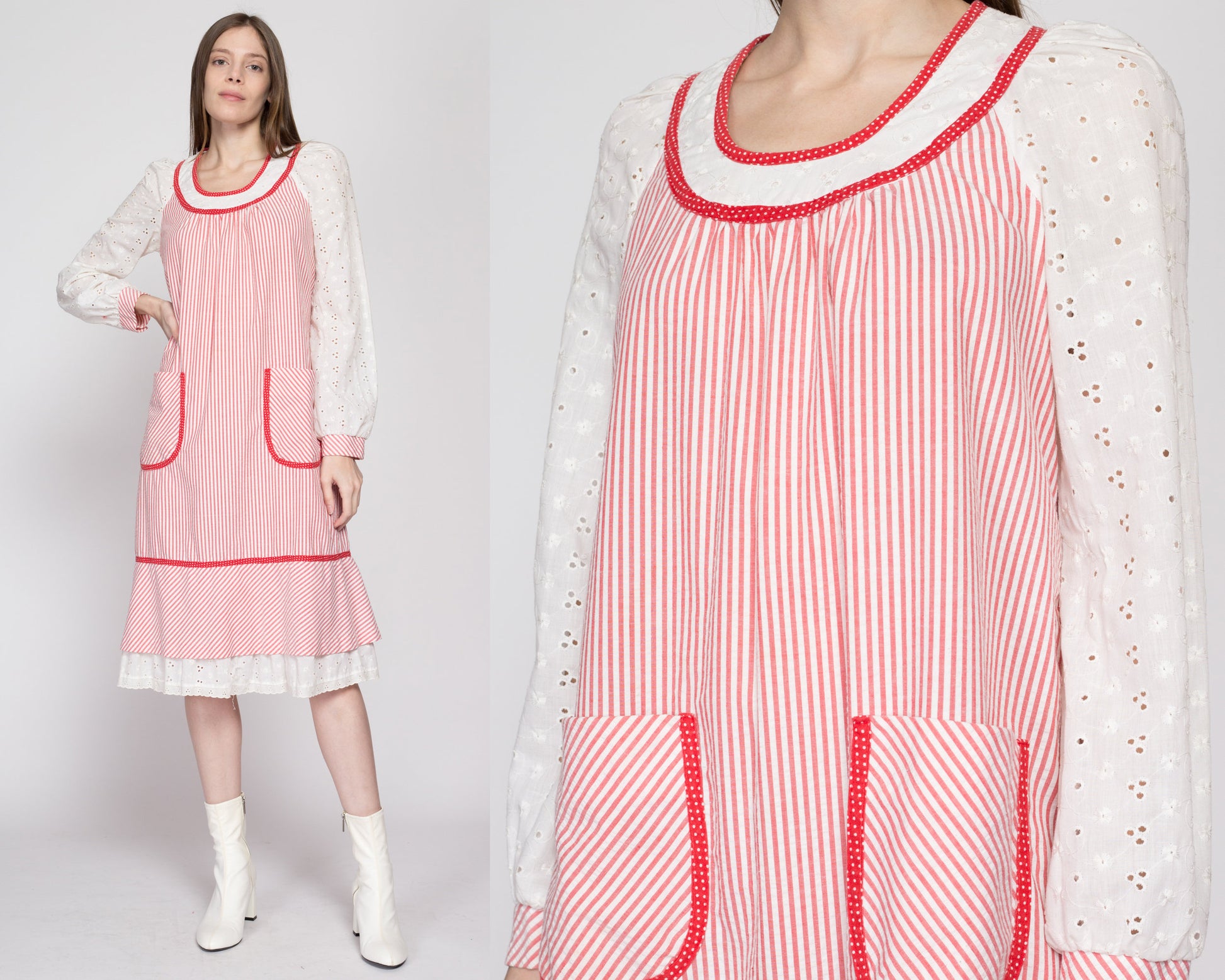 Sm-Med 70s Red & White Striped Peasant Dress | Vintage Jody T Eyelet Trim Long Sleeve Cottagecore Midi Dress