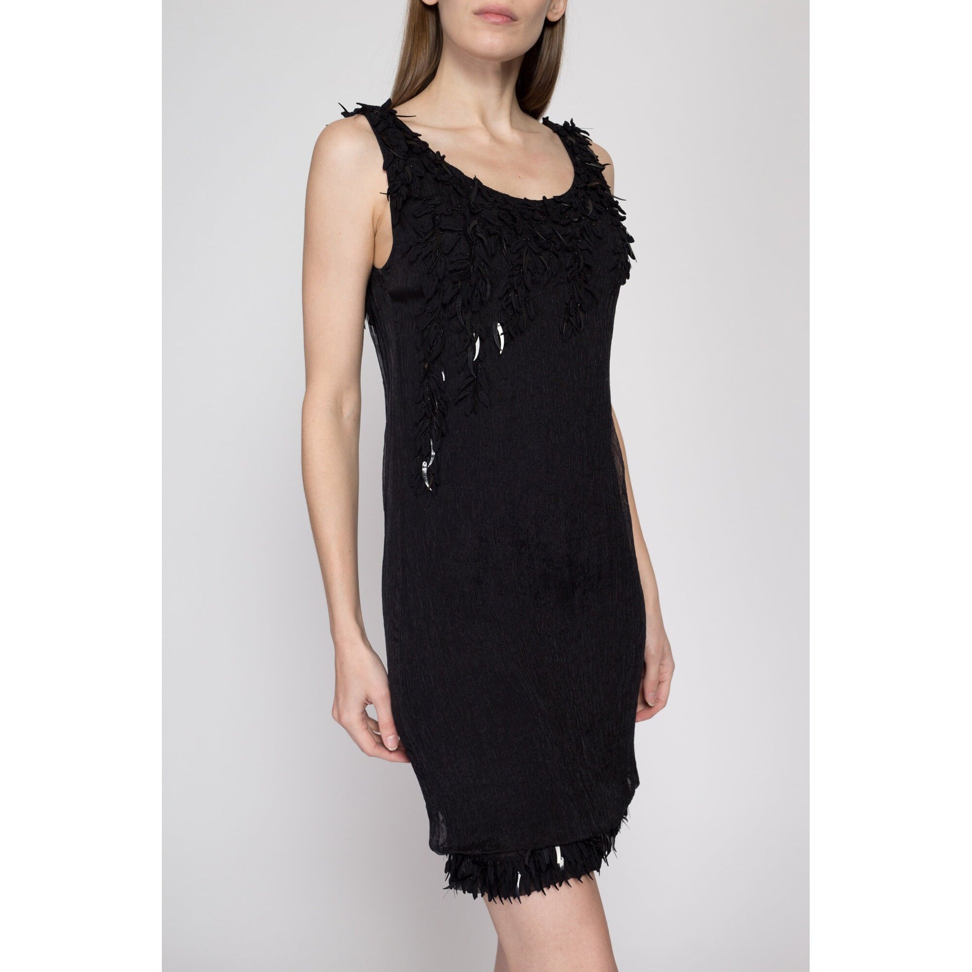 Small Y2K Yoana Baraschi Black Sequin Flapper Mini Dress | Vintage Sleeveless Bubble Hem Party Dress