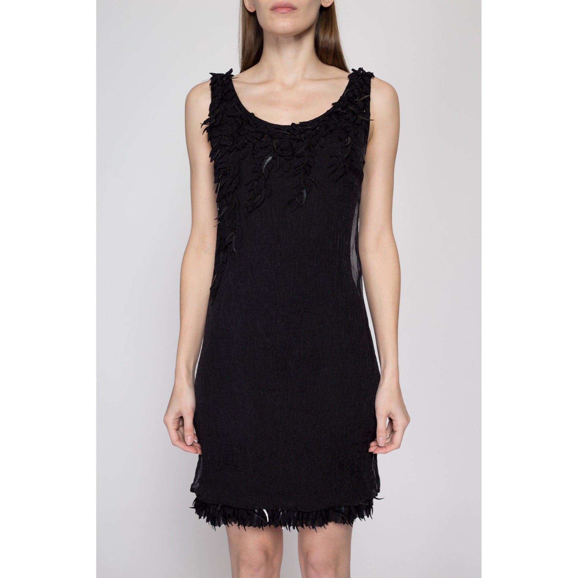 Small Y2K Yoana Baraschi Black Sequin Flapper Mini Dress | Vintage Sleeveless Bubble Hem Party Dress