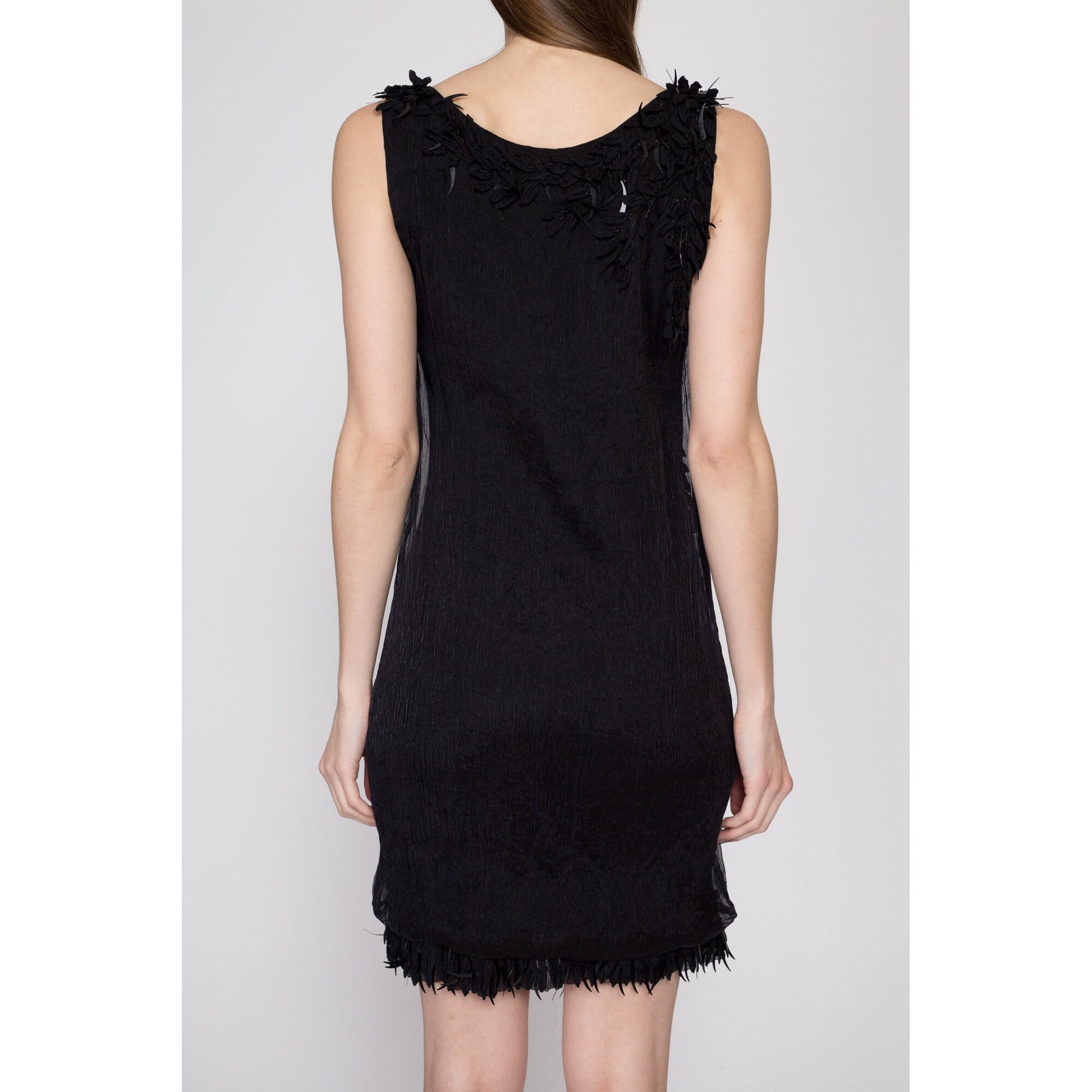 Small Y2K Yoana Baraschi Black Sequin Flapper Mini Dress | Vintage Sleeveless Bubble Hem Party Dress