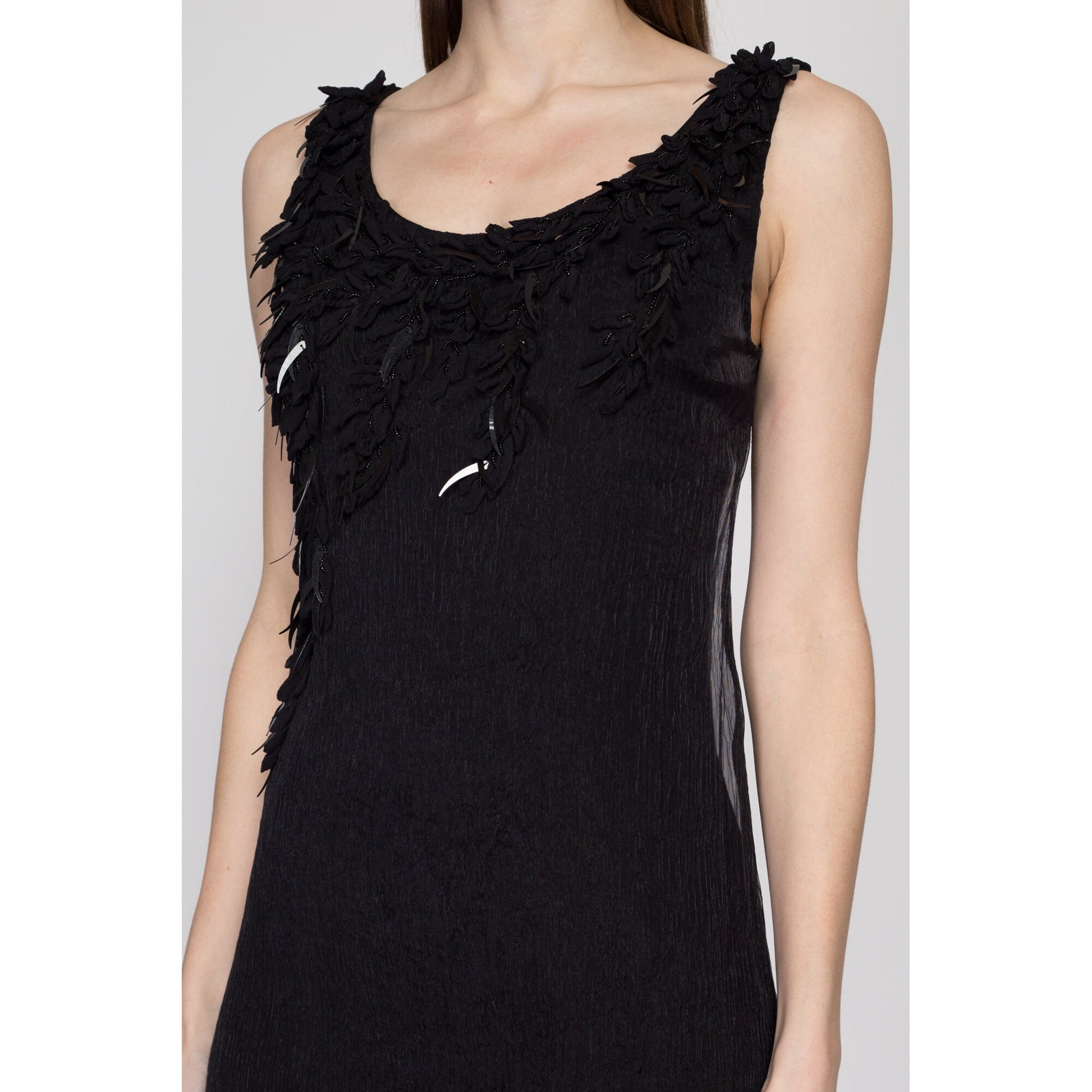 Small Y2K Yoana Baraschi Black Sequin Flapper Mini Dress | Vintage Sleeveless Bubble Hem Party Dress