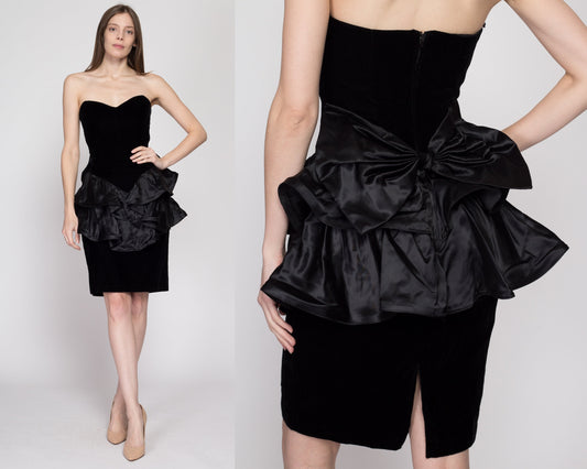 XS 80s Black Velvet & Satin Peplum Party Dress | Vintage Zum Zum Strapless Prom Gown Formal Mini Dress