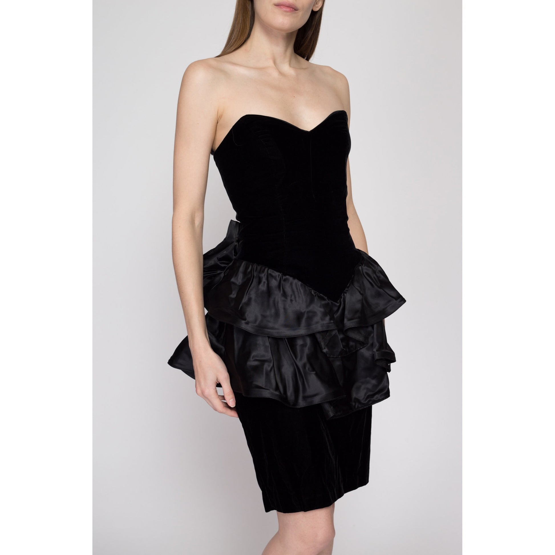 XS 80s Black Velvet & Satin Peplum Party Dress | Vintage Zum Zum Strapless Prom Gown Formal Mini Dress