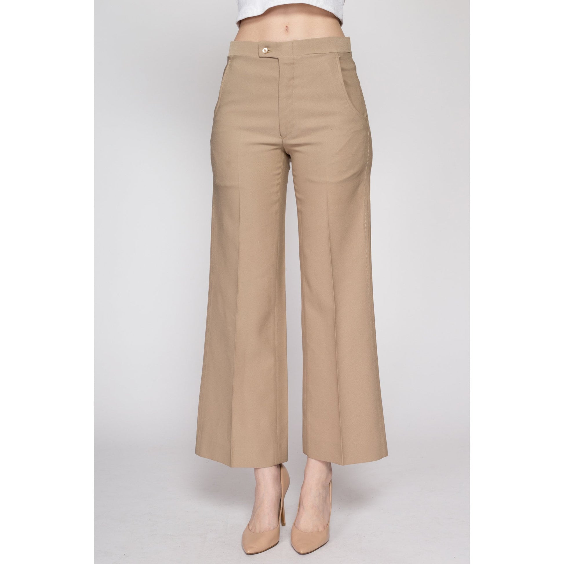 Small 70s Tan Mid Rise Flared Pants | Vintage Haggar Flares Retro Polyester Trousers