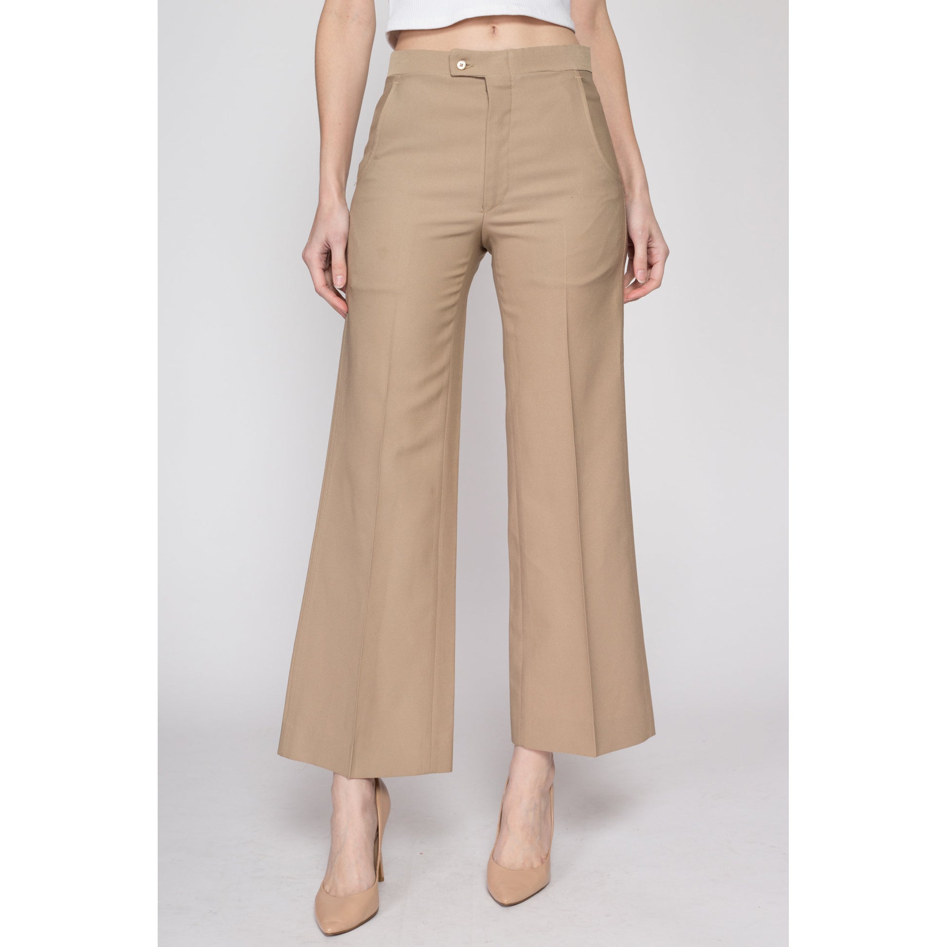 Small 70s Tan Mid Rise Flared Pants | Vintage Haggar Flares Retro Polyester Trousers