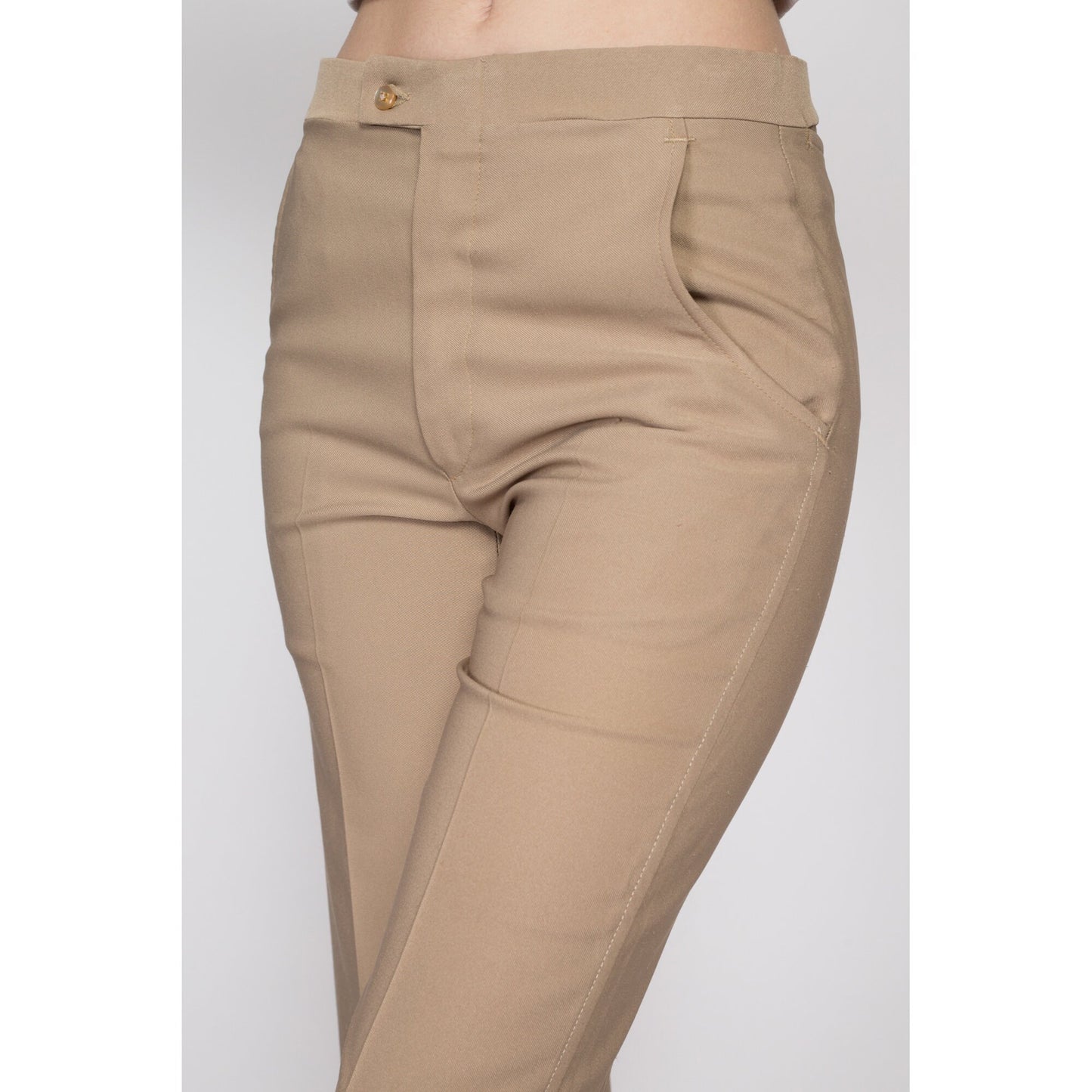 Small 70s Tan Mid Rise Flared Pants | Vintage Haggar Flares Retro Polyester Trousers