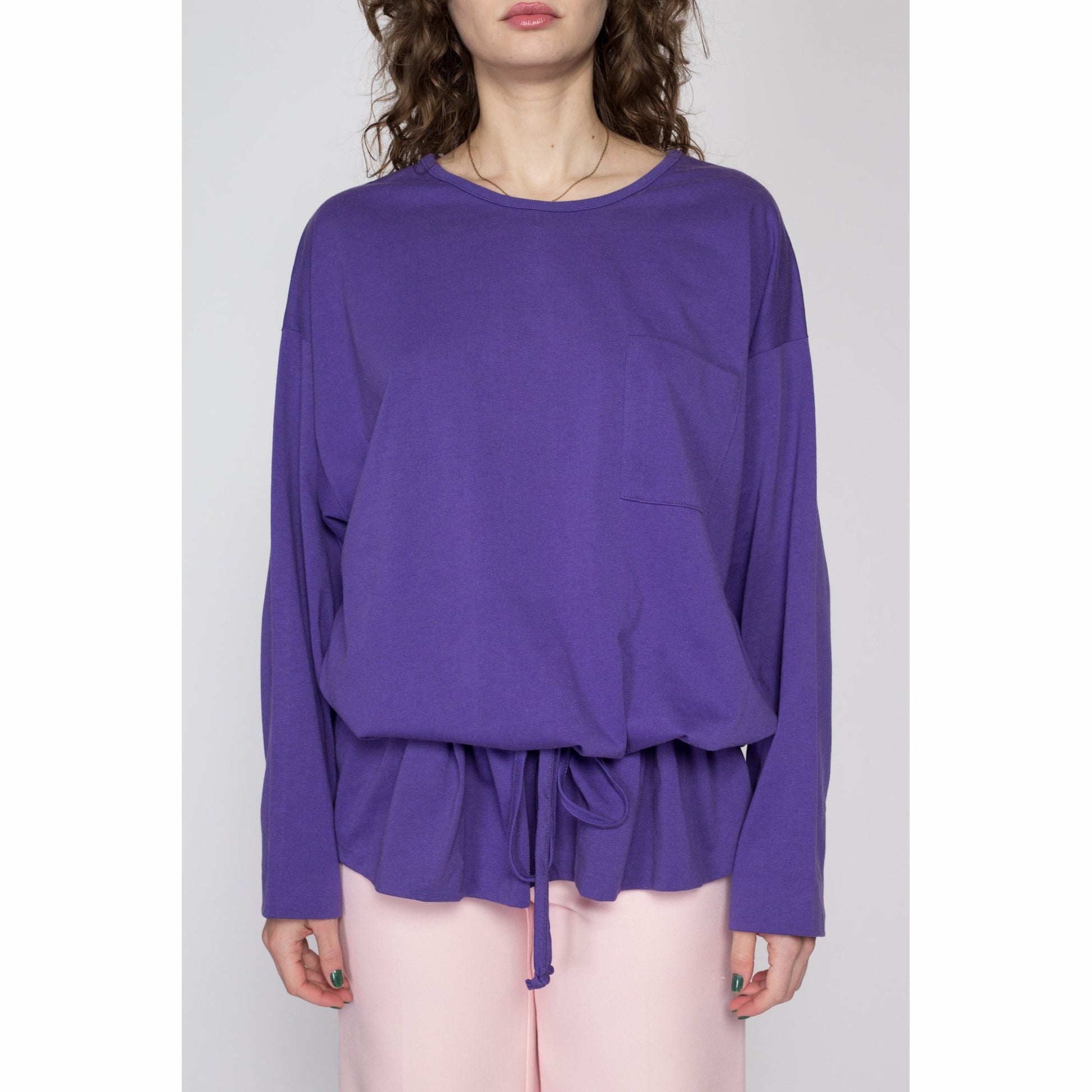 2X 80s Alley Cat Purple Drawstring Waist Shirt | Vintage Betsey Johnson Long Sleeve Top