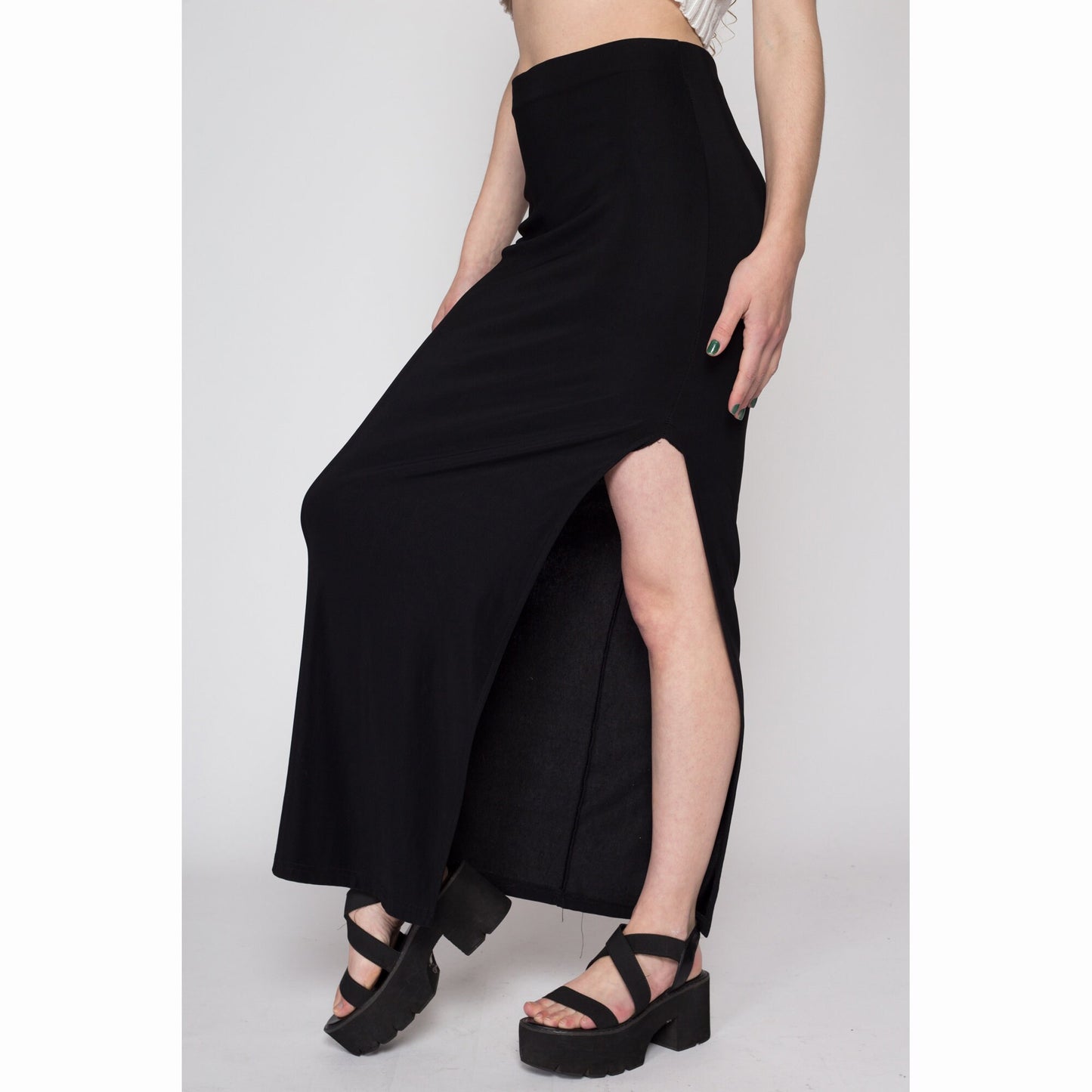 Medium 90s Slinky Black High Slit Maxi Skirt | Vintage Minimalist Fitted High Waisted Skirt