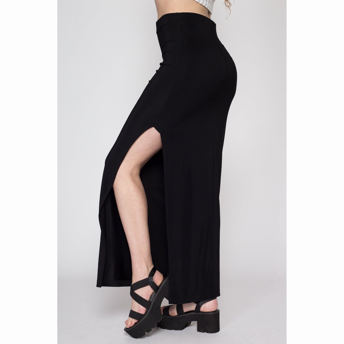 Medium 90s Slinky Black High Slit Maxi Skirt | Vintage Minimalist Fitted High Waisted Skirt