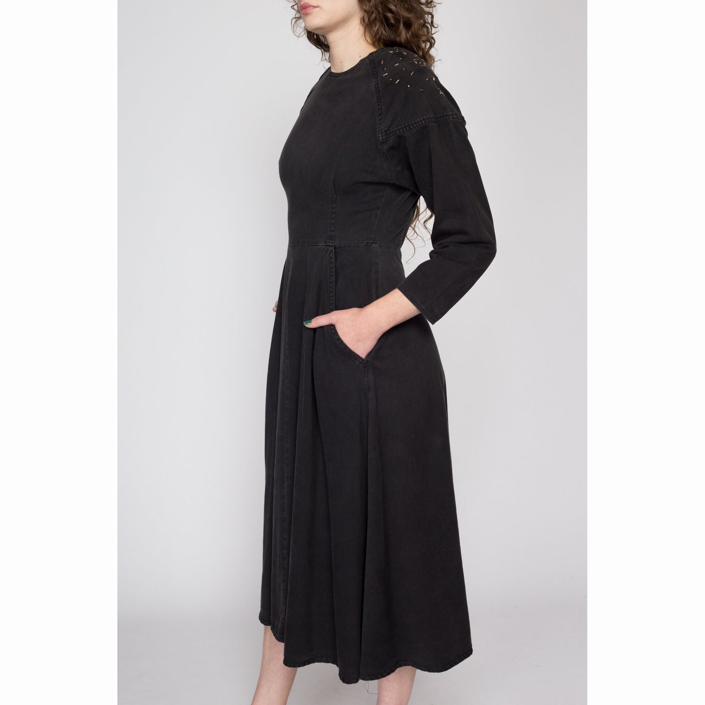 Small 80s Black Studded Button Back Midi Dress | Vintage Dolman Sleeve Shoulder Pad Cotton Twill Pocket Dress