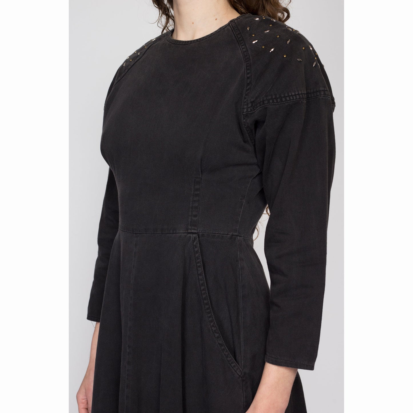 Small 80s Black Studded Button Back Midi Dress | Vintage Dolman Sleeve Shoulder Pad Cotton Twill Pocket Dress