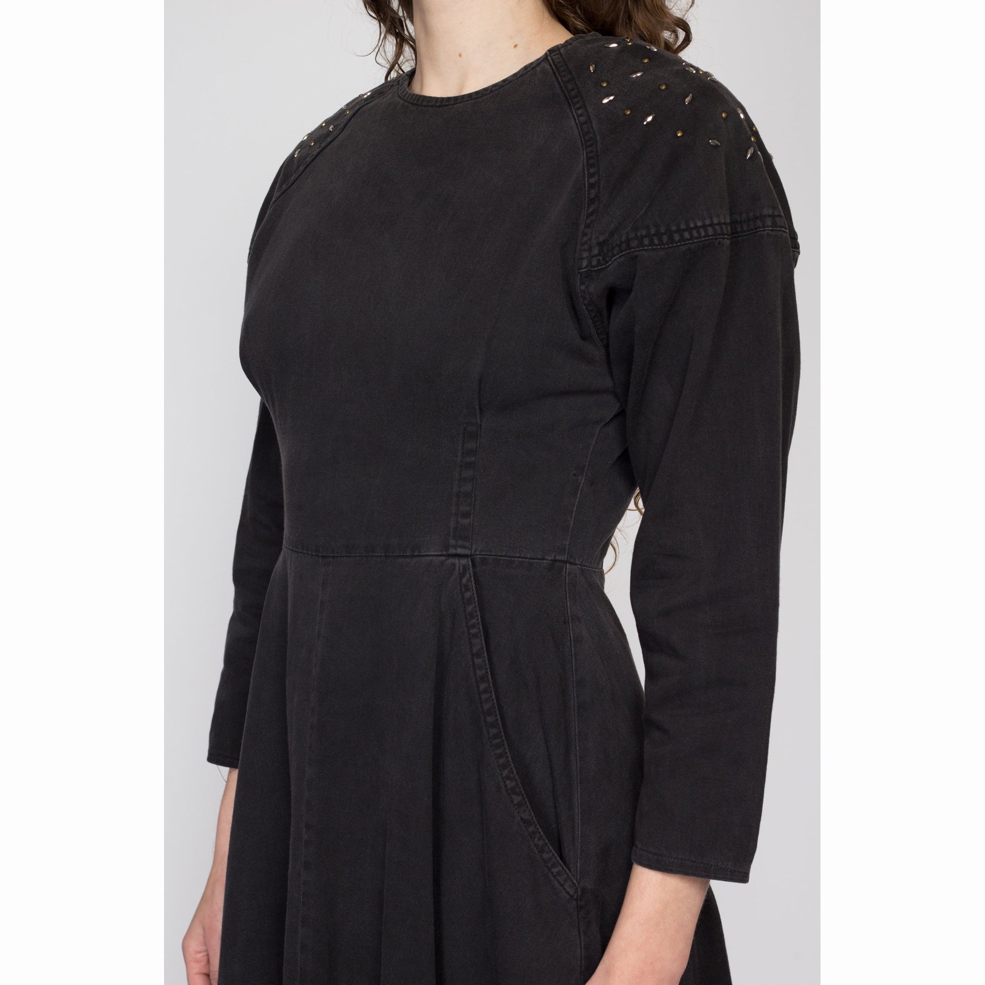 Small 80s Black Studded Button Back Midi Dress | Vintage Dolman Sleeve Shoulder Pad Cotton Twill Pocket Dress