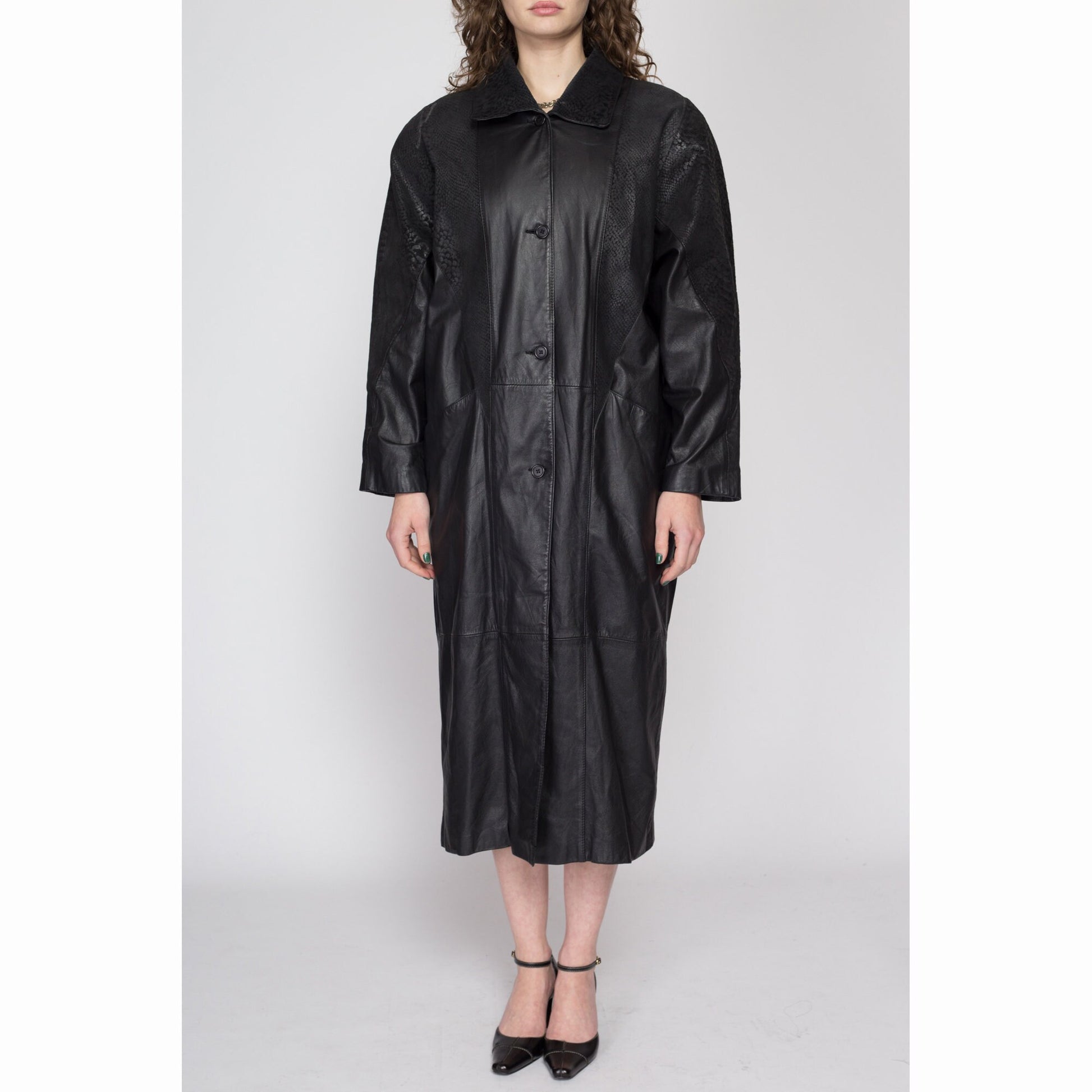Small 80s Oversize Black Embossed Leather Trench Coat | Vintage Snakeskin Trim Long Maxi Duster Jacket