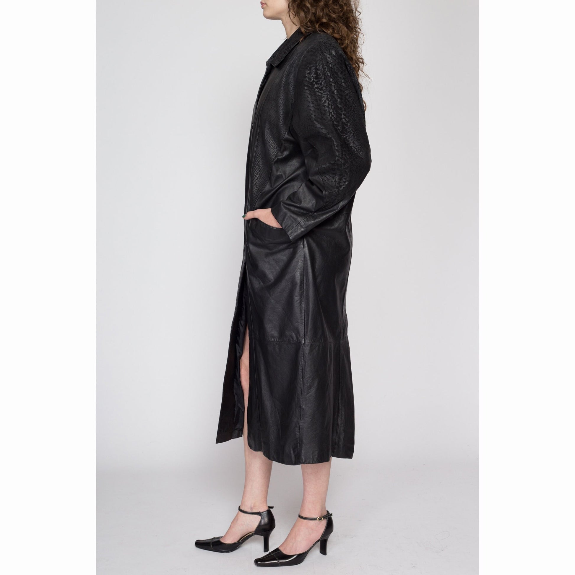 Small 80s Oversize Black Embossed Leather Trench Coat | Vintage Snakeskin Trim Long Maxi Duster Jacket