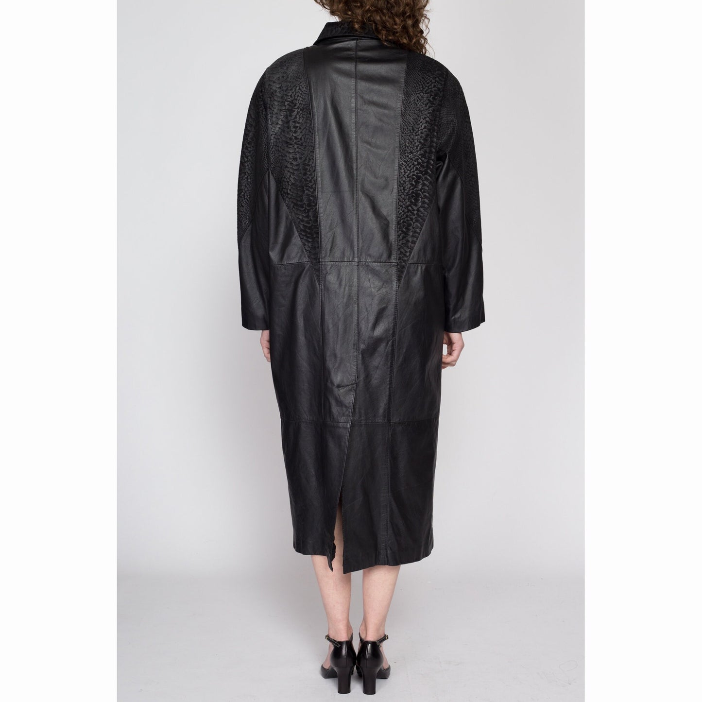 Small 80s Oversize Black Embossed Leather Trench Coat | Vintage Snakeskin Trim Long Maxi Duster Jacket