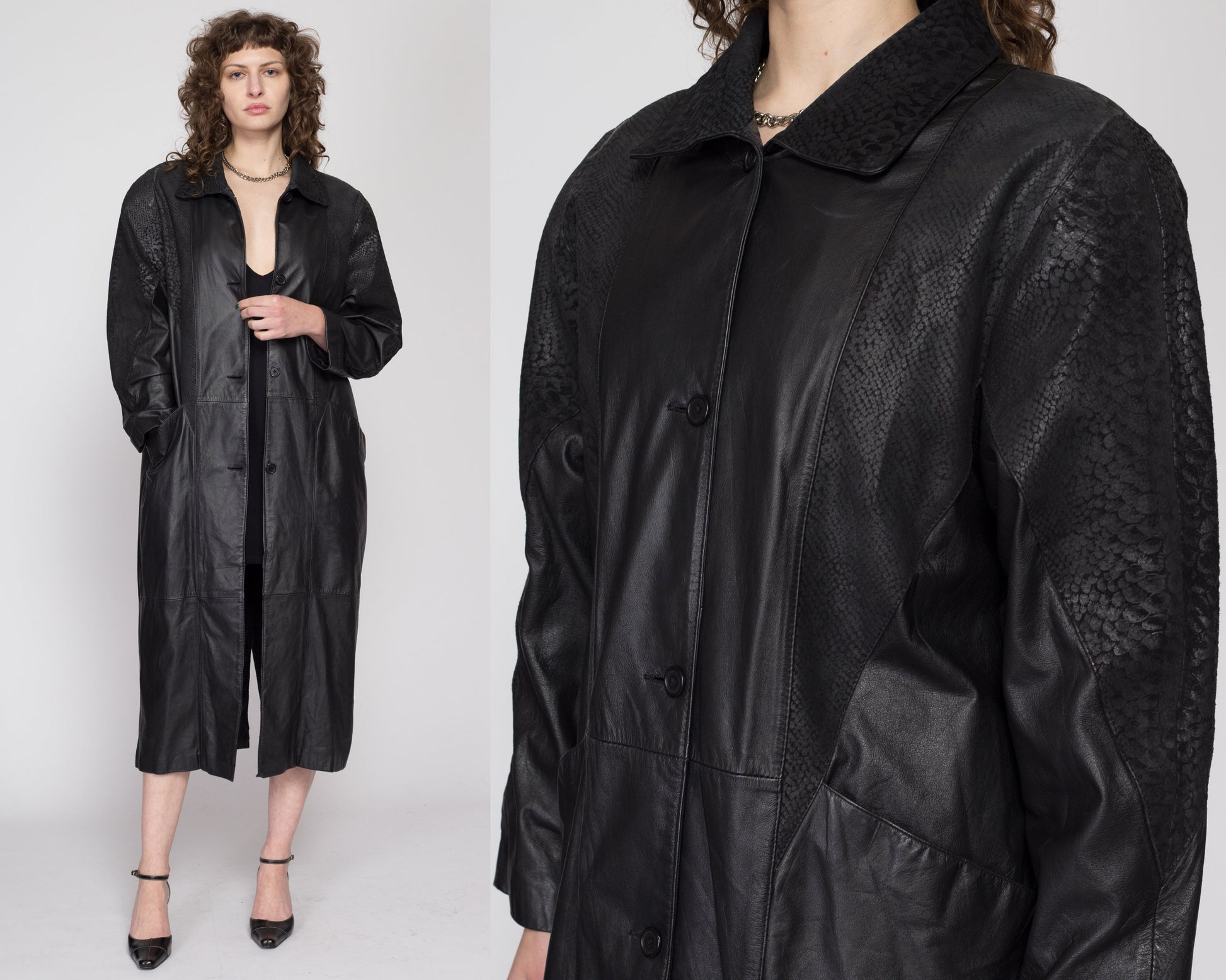Small 80s Oversize Black Embossed Leather Trench Coat | Vintage Snakeskin Trim Long Maxi Duster Jacket