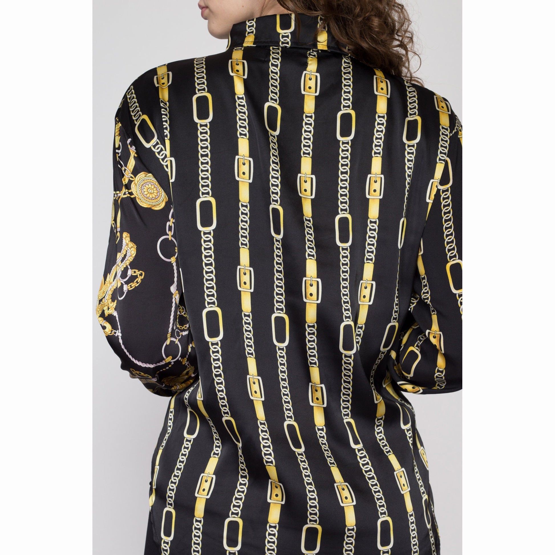 XL 80s Hermès Silk Baroque Equestrian Print Blouse | Vintage French Designer Long Sleeve Secretary Top
