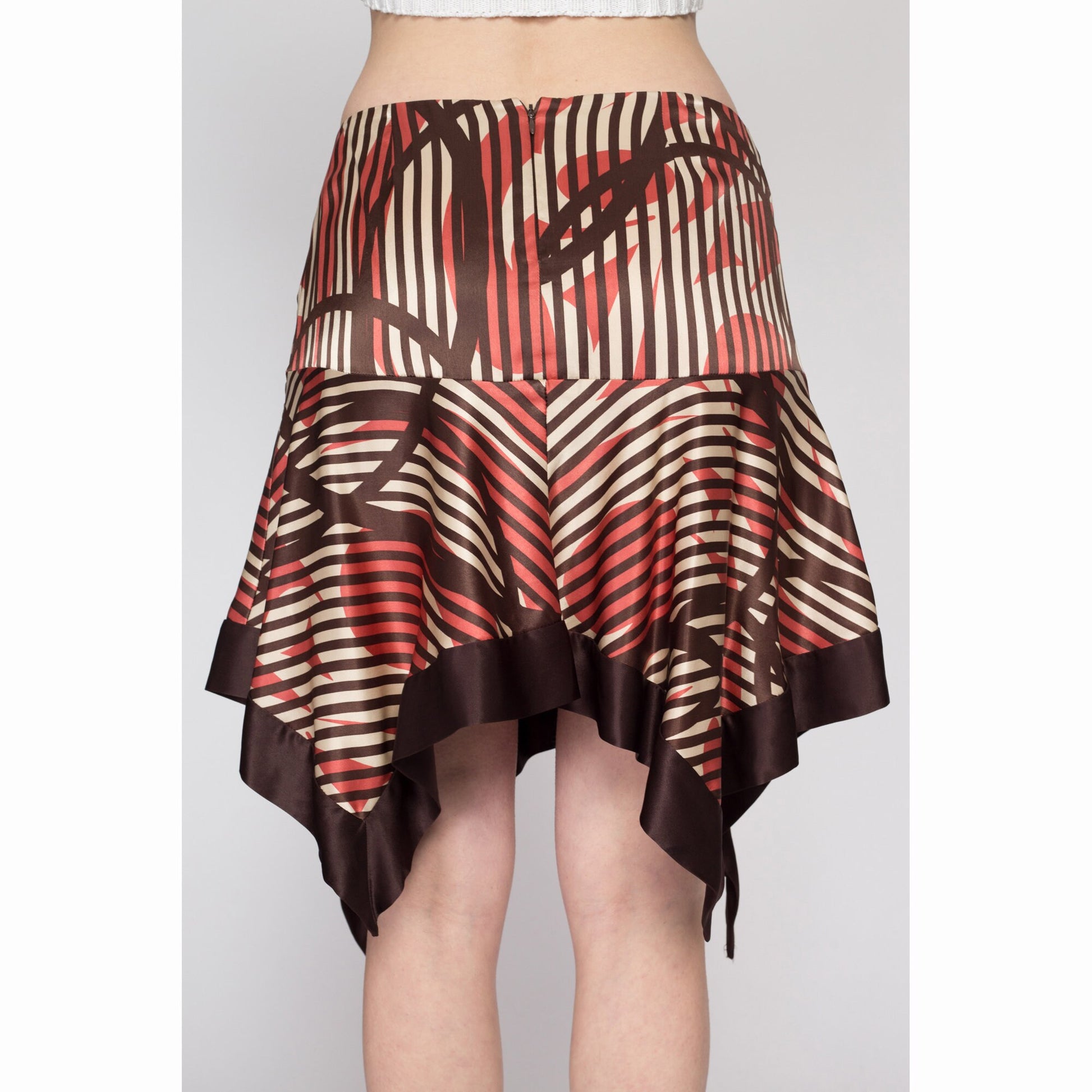 Small 90s Y2K Bebe Silk Striped Fairy Skirt | Vintage Boho Brown Hanky Scarf Hem Low Rise Slip Skirt