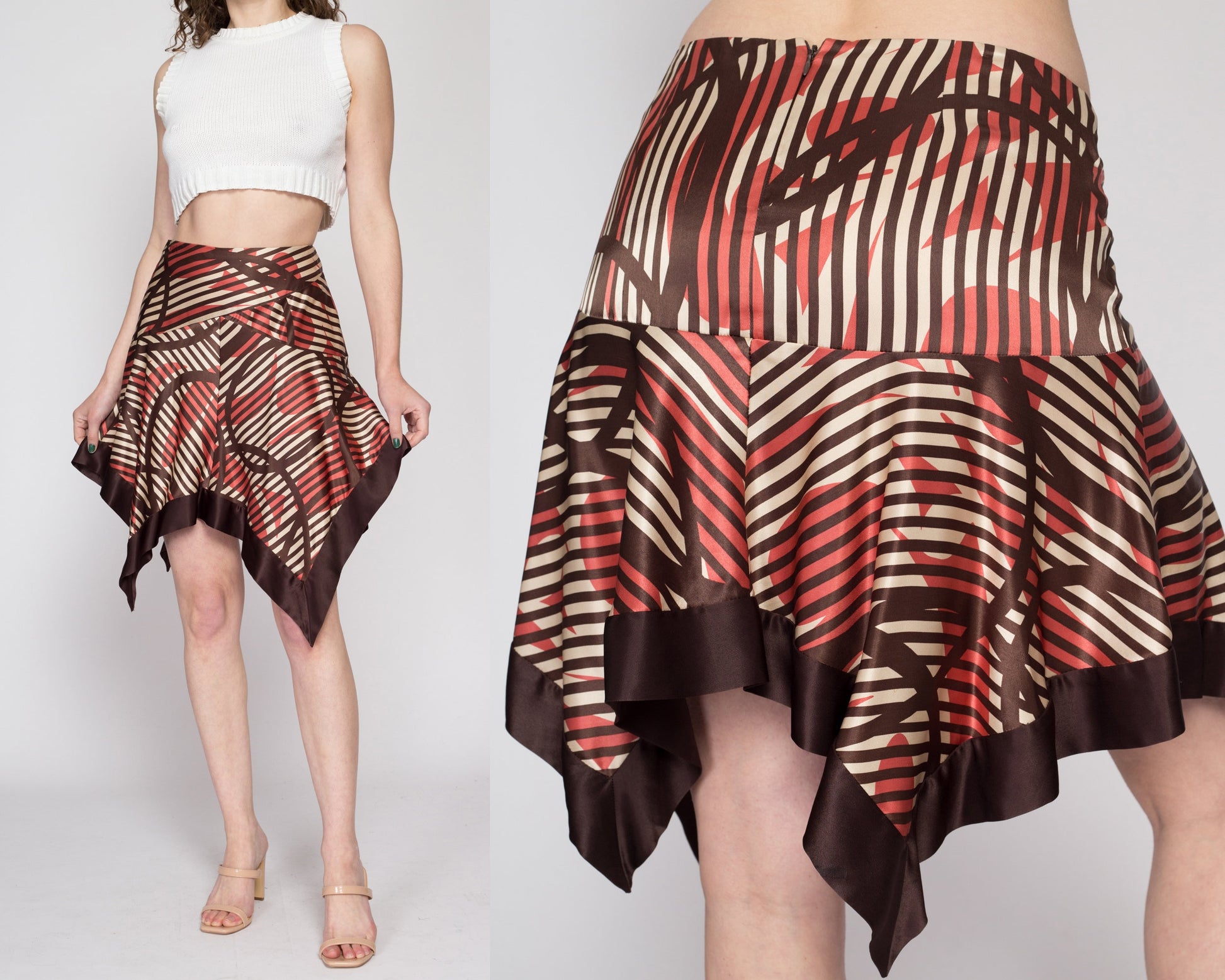 Small 90s Y2K Bebe Silk Striped Fairy Skirt | Vintage Boho Brown Hanky Scarf Hem Low Rise Slip Skirt