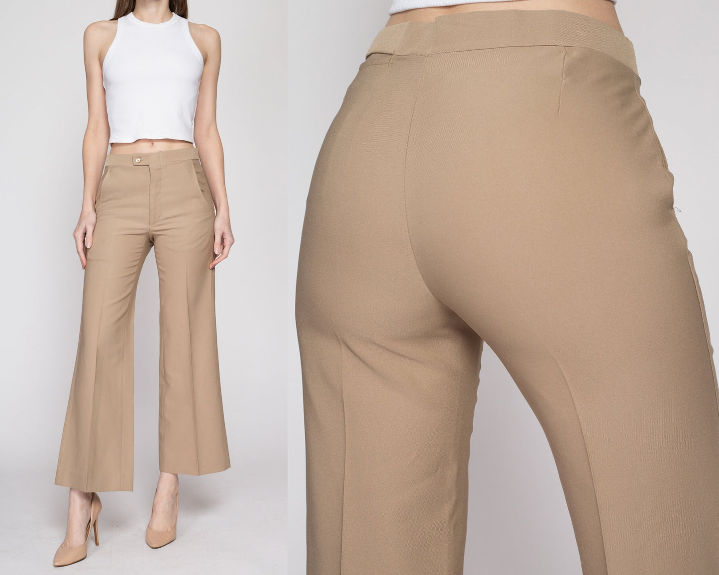 Small 70s Tan Mid Rise Flared Pants | Vintage Haggar Flares Retro Polyester Trousers