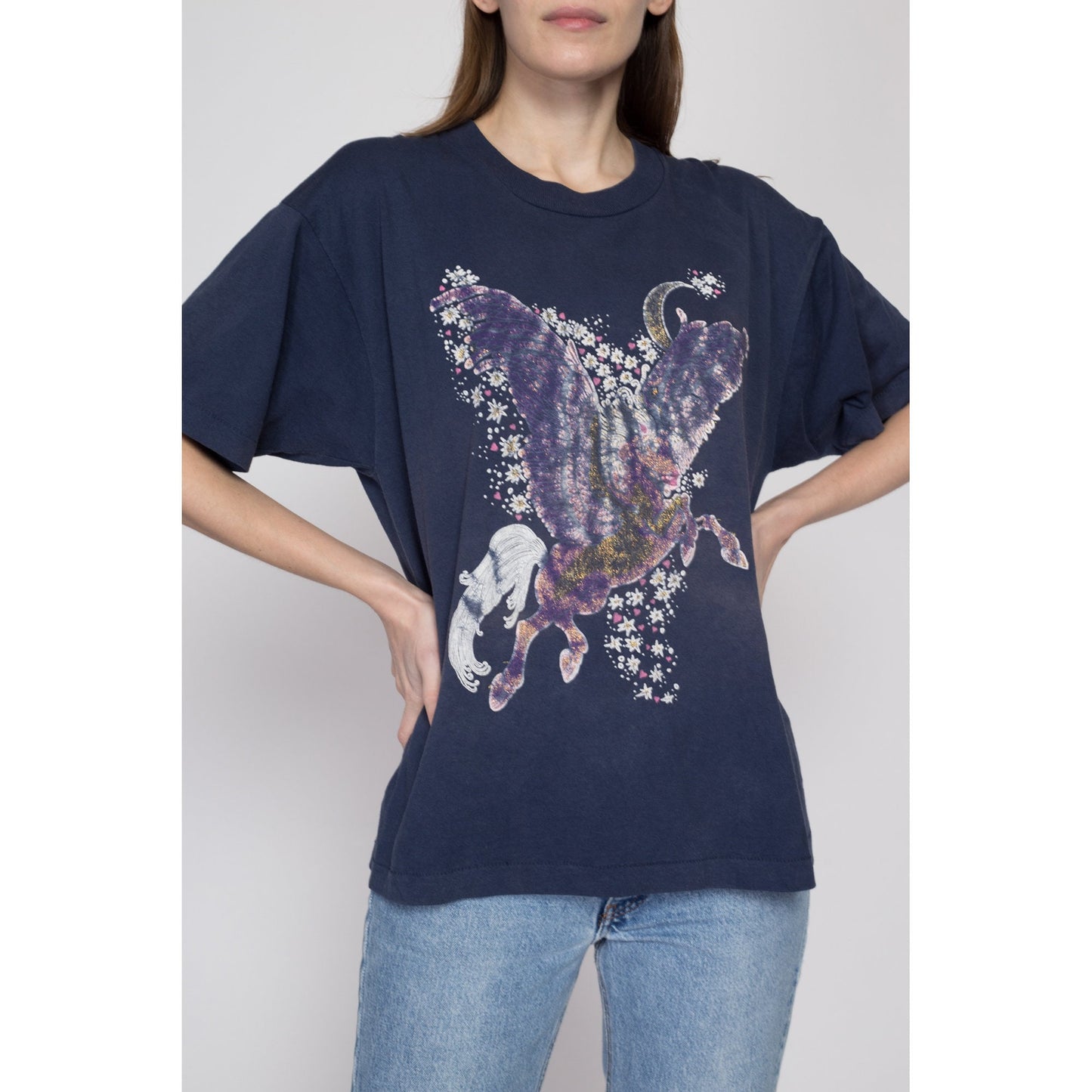 XL 90s Faded Pegasus Sparkle T Shirt | Vintage Navy Blue Cute Animal Graphic Tee