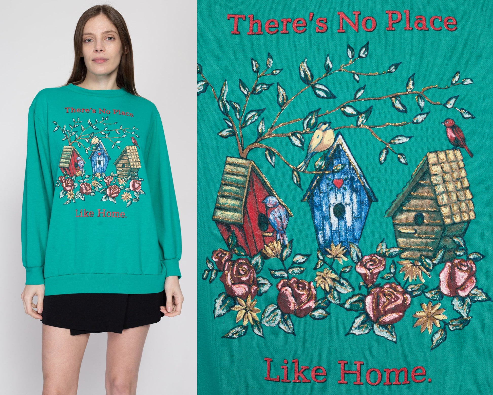 XL 90s "There's No Place Like Home" Birdhouse Sweatshirt | Vintage Teal Green Bird Graphic Crewneck