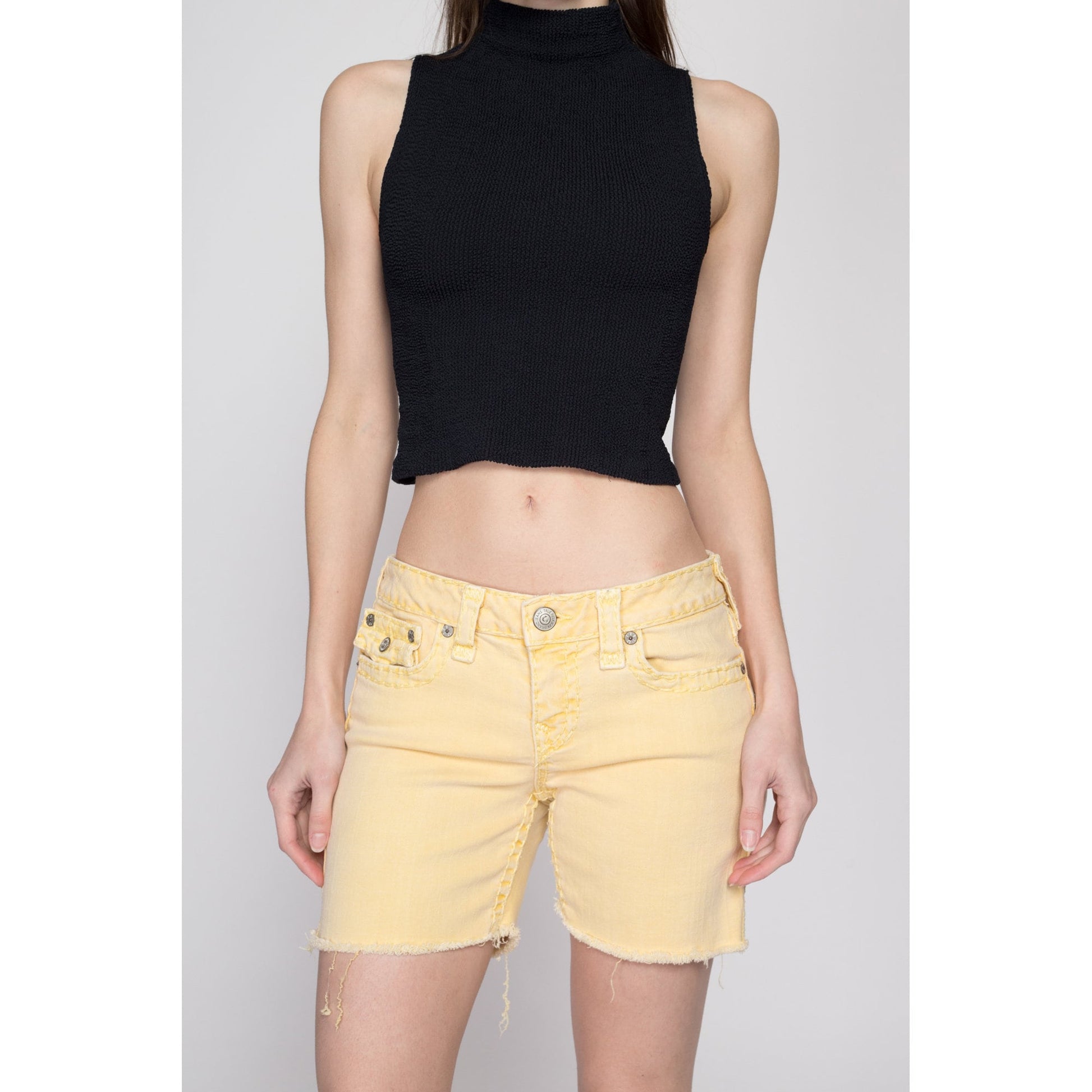 Medium Y2K True Religion Yellow Low Rise Cut Offs | Vintage Lily Denim Cutoff Bermuda Shorts