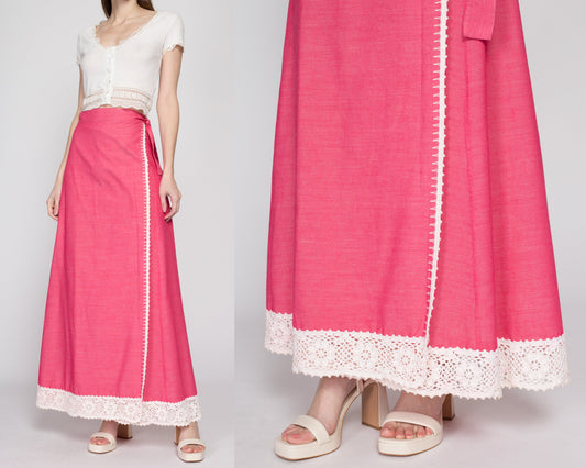 Medium 70s Pink Crochet Trim Maxi Wrap Skirt | Vintage High Waisted A Line Boho Long Hostess Skirt