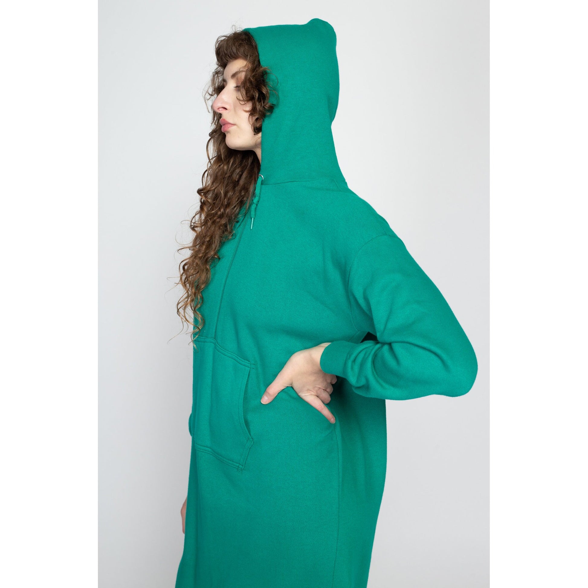 Medium 80s Teal Hooded Sweatshirt Dress | Vintage Half Zip Up Soft Slouchy Hoodie Maxi Dress