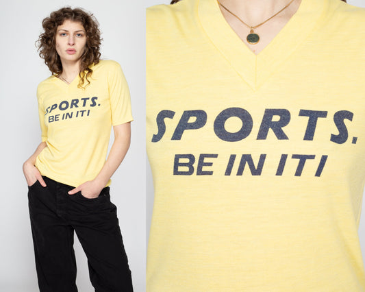 Medium 80s "Sports - Be In ITI" T Shirt | Vintage V Neck Yellow Graphic Tee