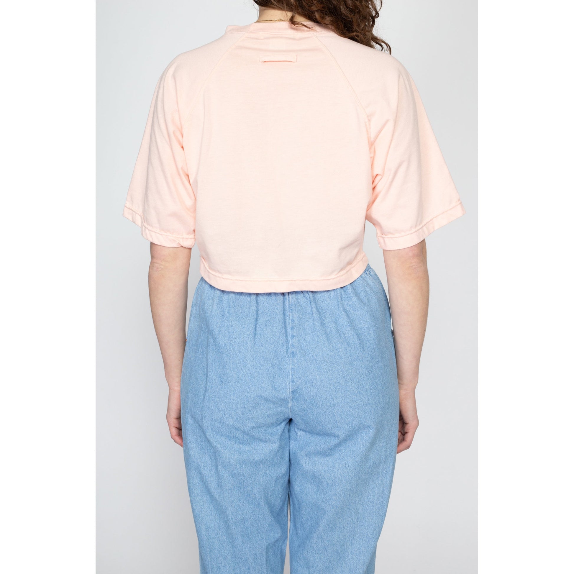 Medium 80s Peach Button Hem Crop Top | Vintage Cropped Boxy Short Sleeve T Shirt