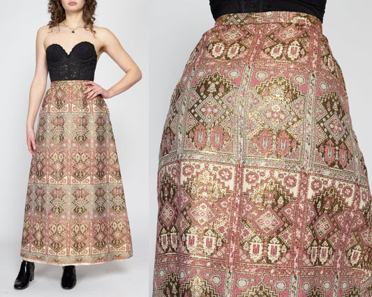 Medium 70s Nelly De Grab Metallic Brocade Tapestry Maxi Skirt 29" | Boho Vintage A Line High Waisted Geometric Hostess Skirt