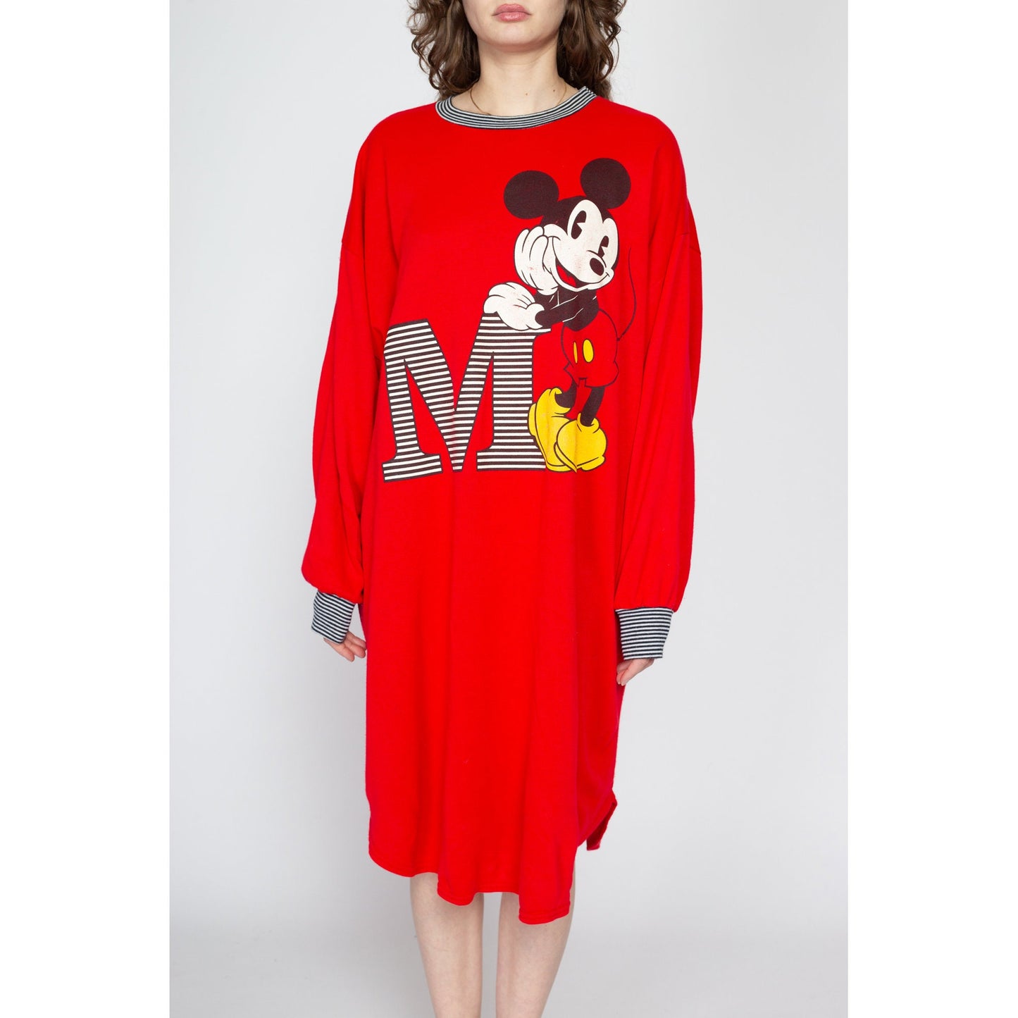 1X 80s Mickey Mouse Red Sweatshirt Dress | Vintage Disney Cartoon Oversize Graphic Pajama Sleep Shirt