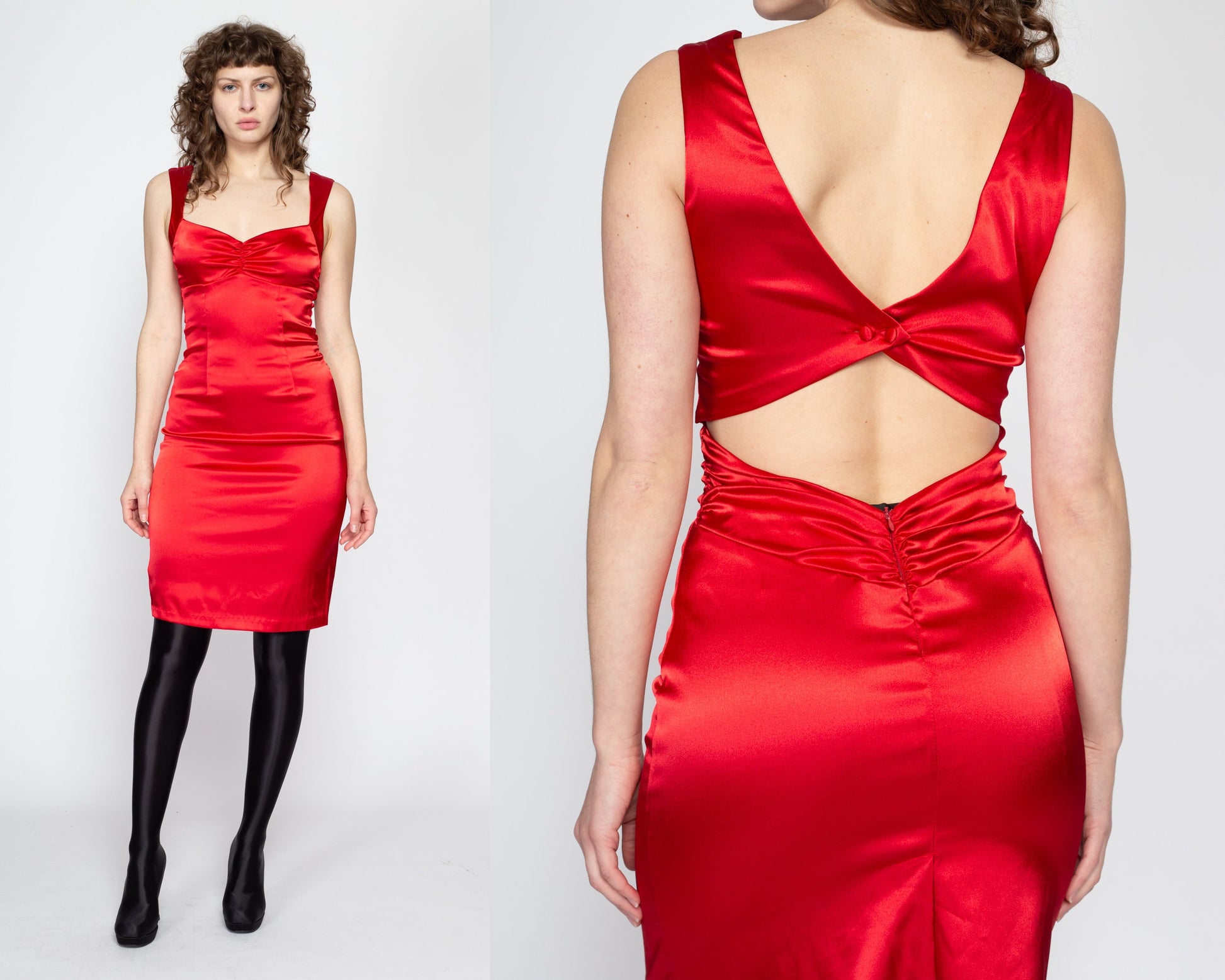 Medium 90s Red Satin Low Back Bodycon Dress | Vintage Sweetheart Neck Slinky Open Keyhole Back Sleeveless Mini Party Dress