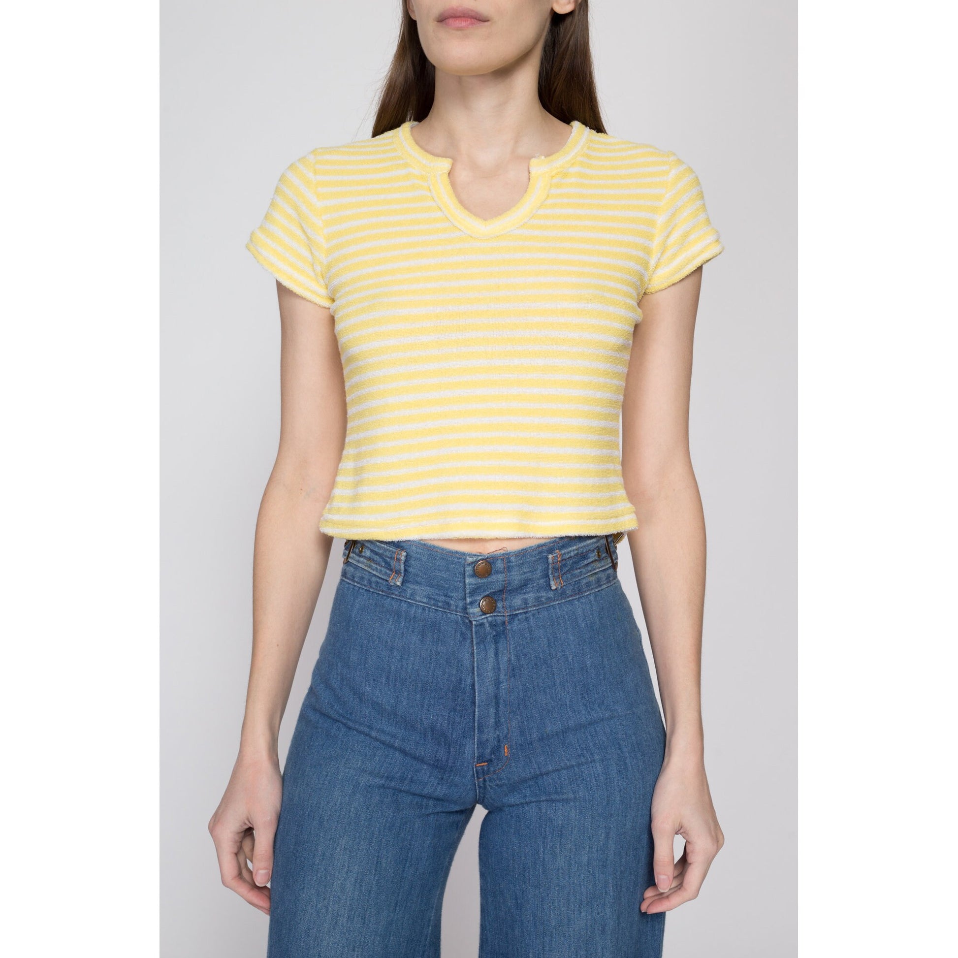 Small 80s Yellow & White Striped Terrycloth Crop Top | Retro Vintage Short Sleeve Cropped Shirt