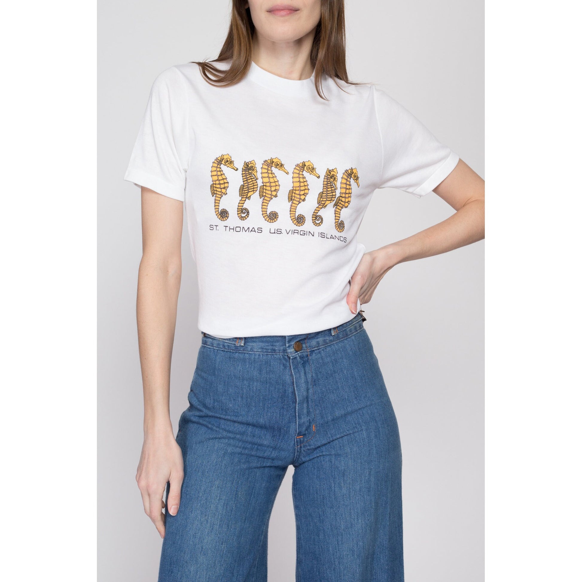 Small 80s St. Thomas Seahorse Tourist T Shirt | Vintage Virgin Islands White Fitted Long Graphic Tee