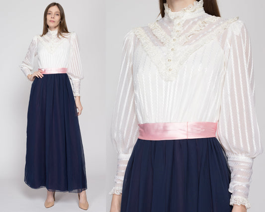 XS 60s 70s Victorian White & Navy Blue Hostess Dress | Retro Vintage Long Sleeve Sheer Lace Formal Maxi Dress