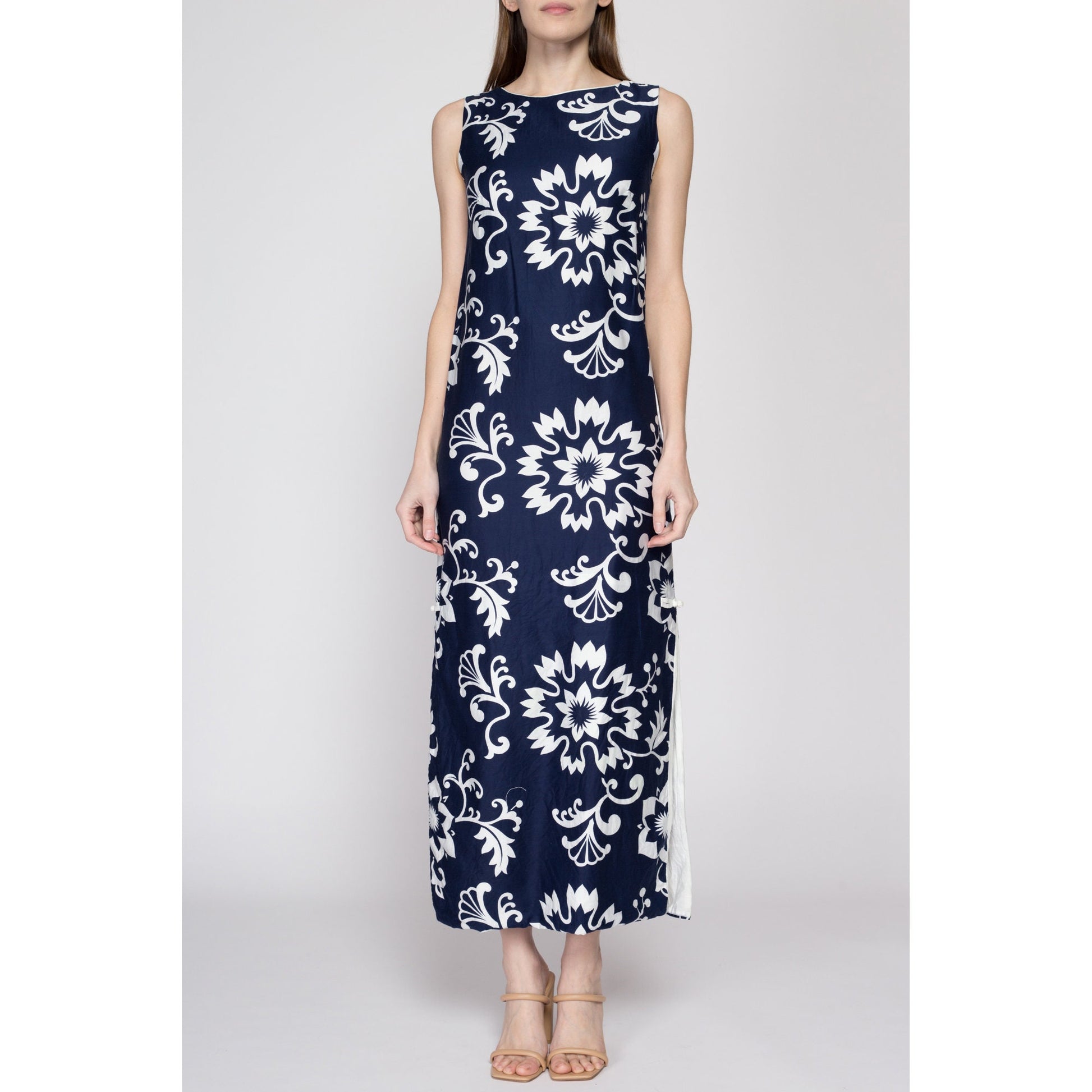 XS 60s Hawaiian Navy Blue Floral Maxi Dress XS 60s Hawaiian Navy Blue Floral Maxi Dress