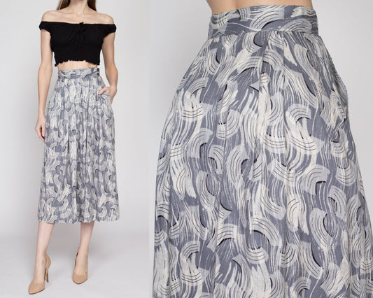XS 80s Christian Dior Abstract Print Midi Skirt 25" | Vintage Designer High Waisted Rayon Pocket Skirt