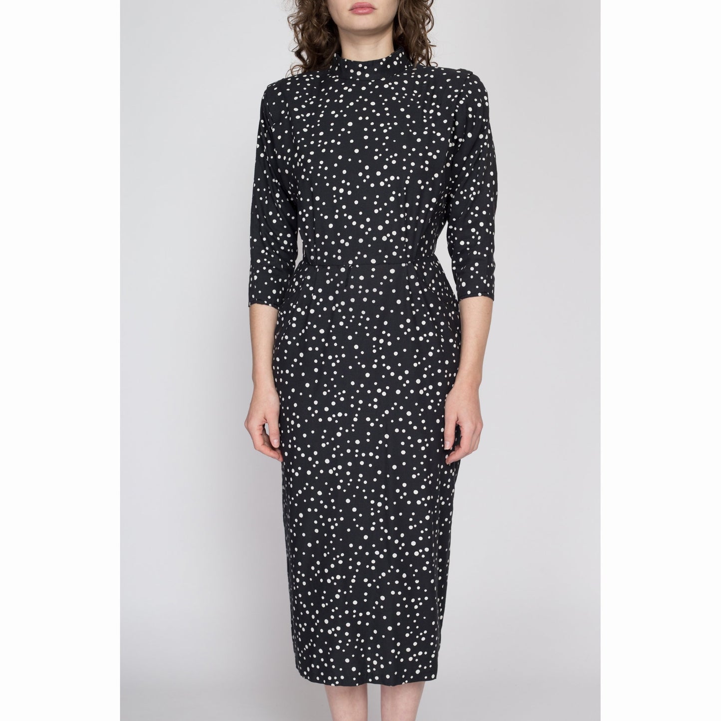 Medium 80s Black & White Polka Dot Midi Dress | Vintage Dolman Sleeve Shoulder Pad Shelf Pocket Dress